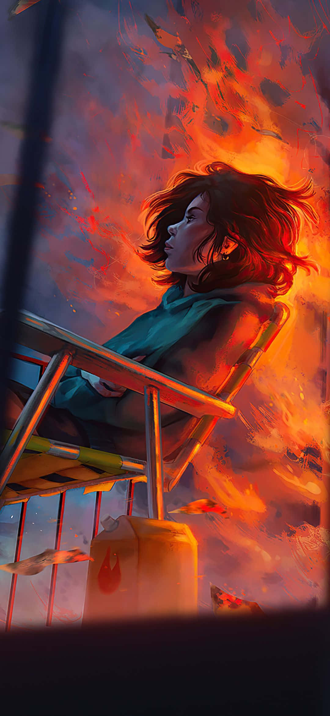 1080x2340 4K Fată Anime Scaun în Flăcări Fundal