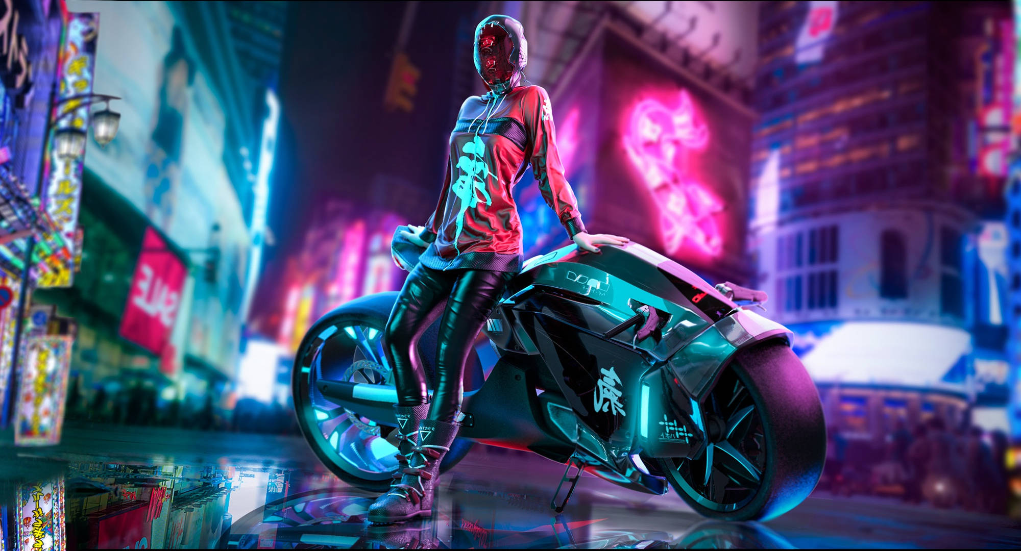 1920 X 1080 Gaming Femeie Cyberpunk cu Motocicletă Fundal