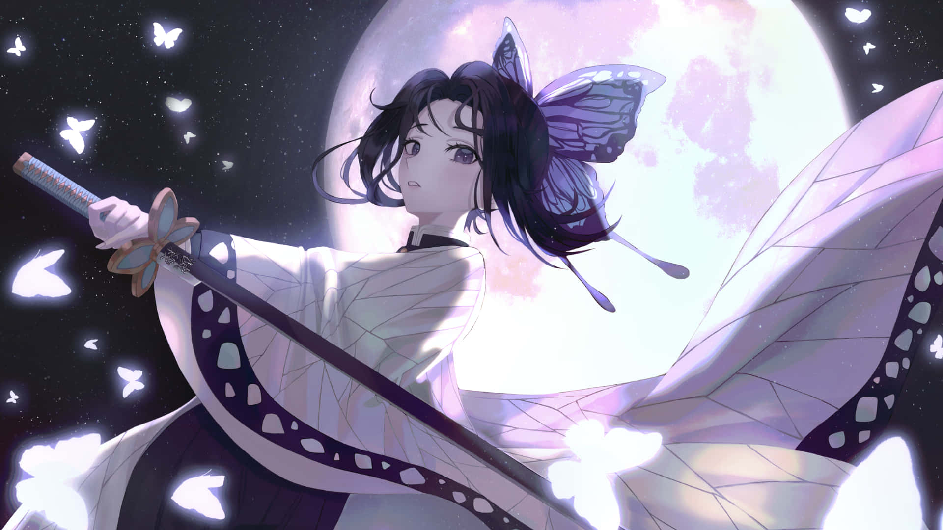 1920x1080 Anime Shinobu Kocho Negru Violet Fundal