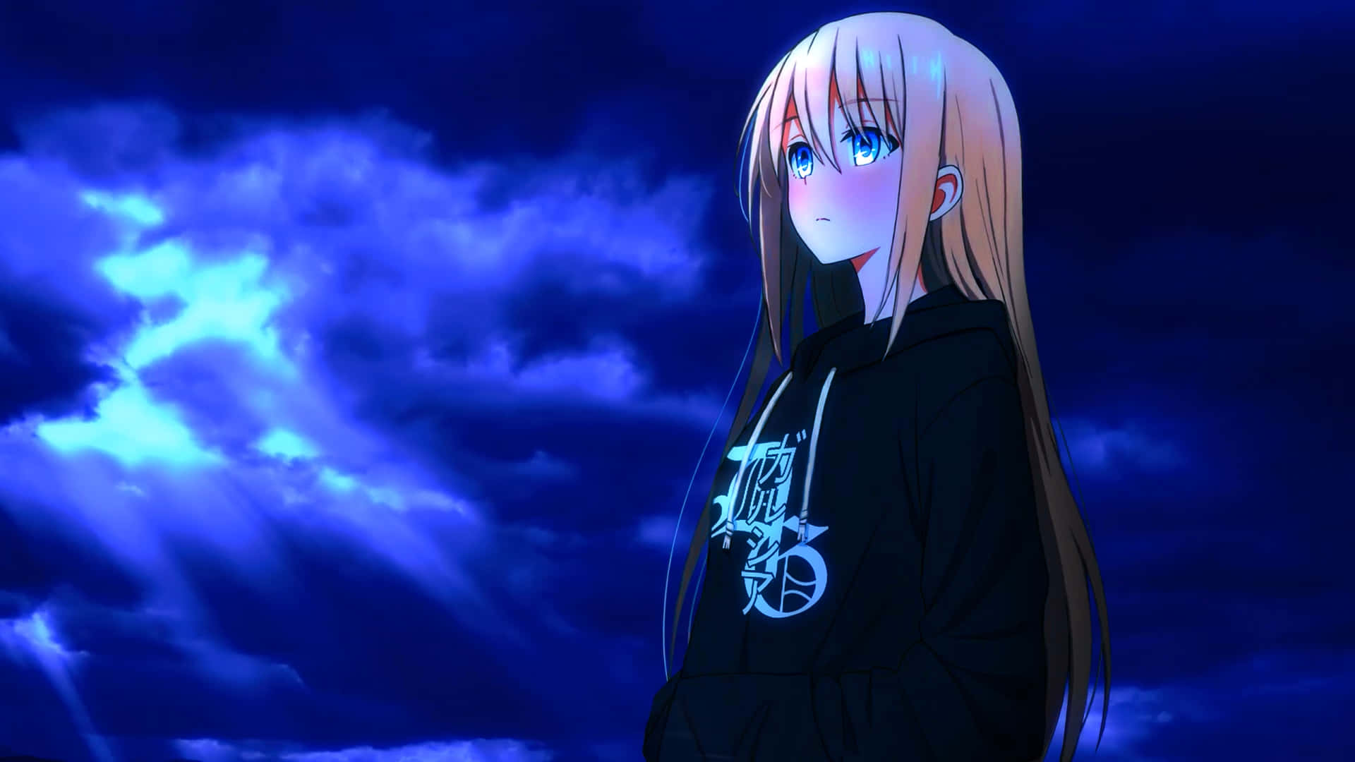 1920x1080 Anime Fată Albastru Închis Fundal