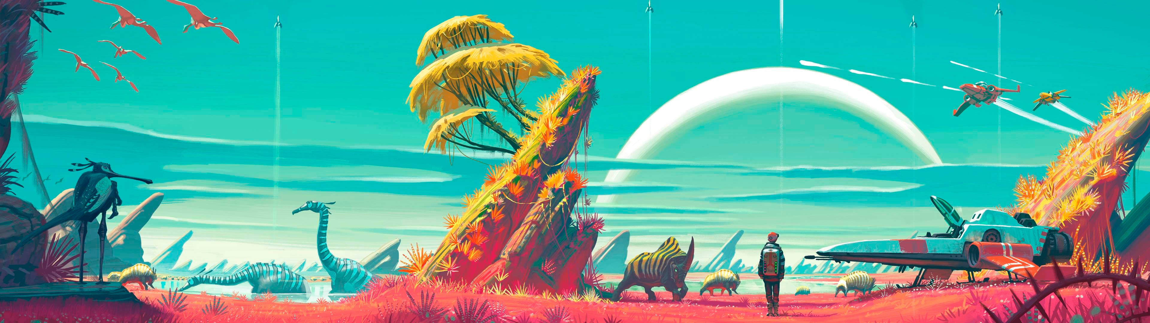 3840x1080 HD Monitoare Duble Dinozauri Fundal