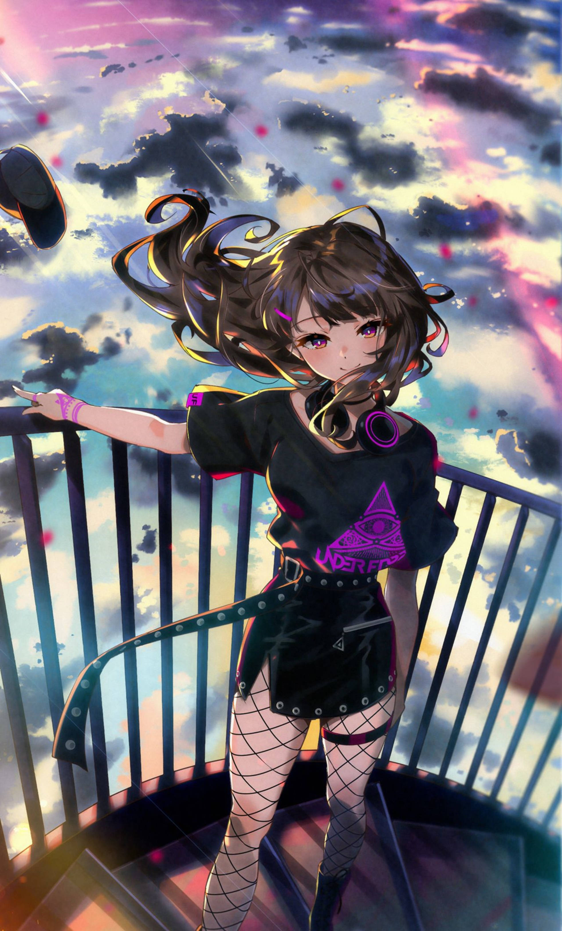 4K Anime iPhone Fată Drăguță Pe Scări Fundal