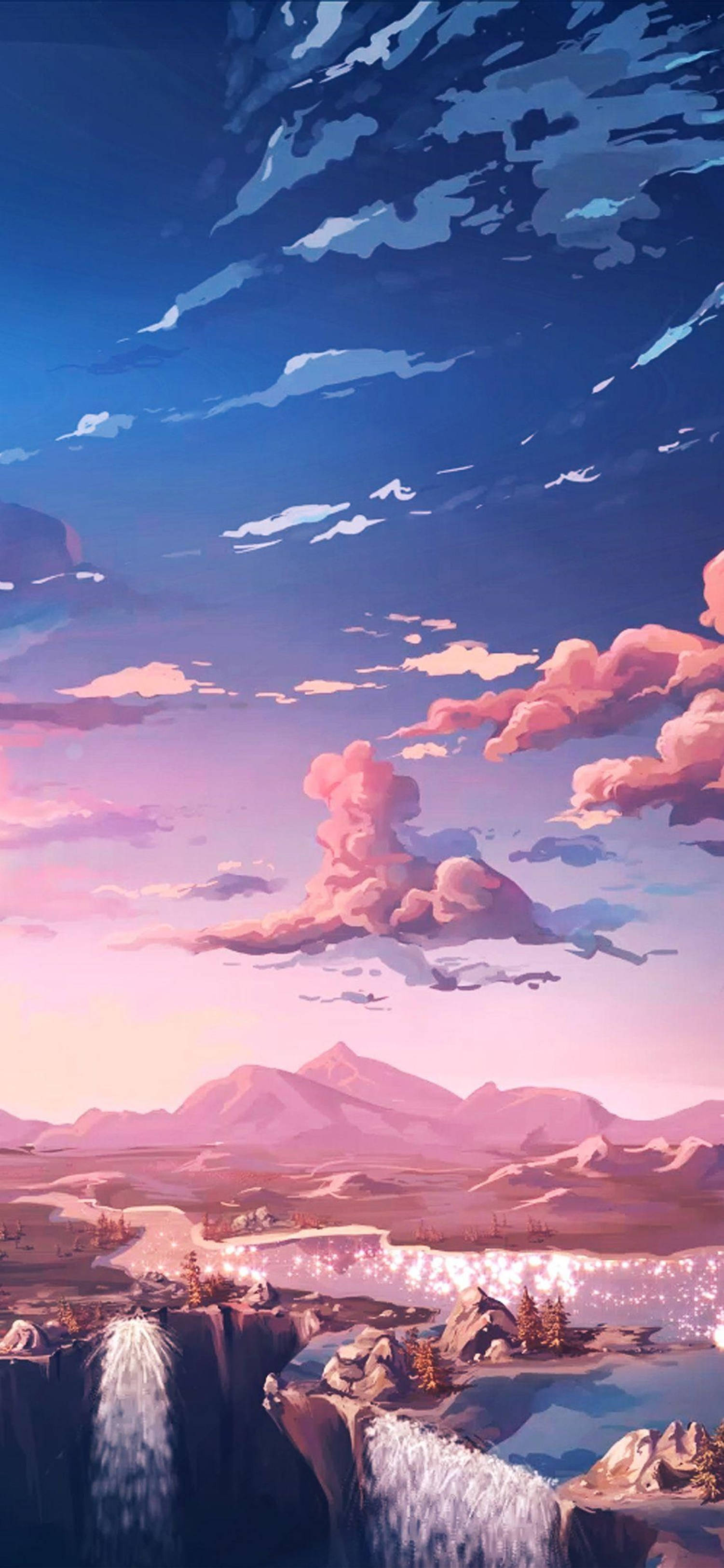 4K Anime iPhone Peisaj cu Ceruri Roz Fundal