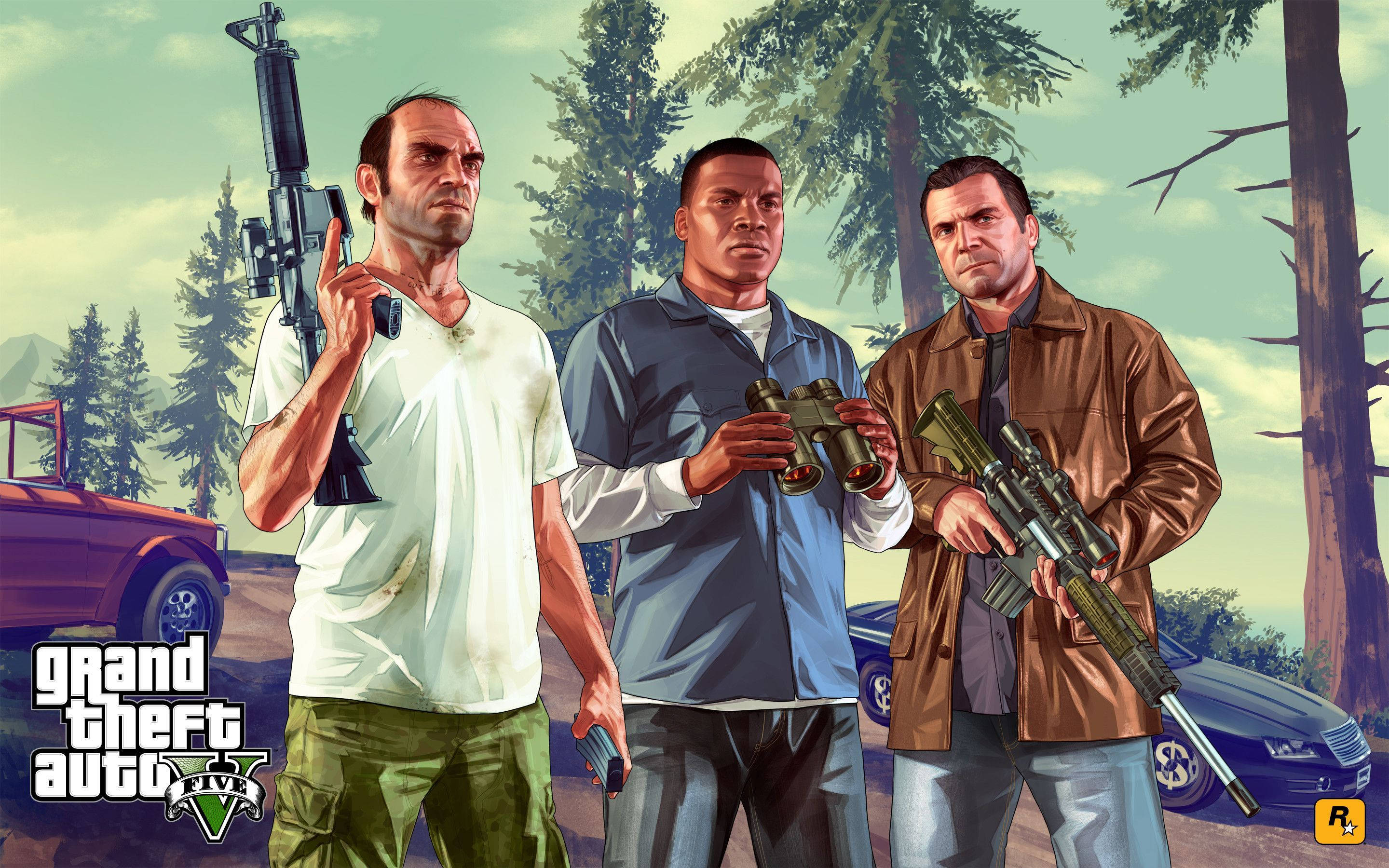 4K GTA 5 Trevor Franklin Michael cu arme Fundal