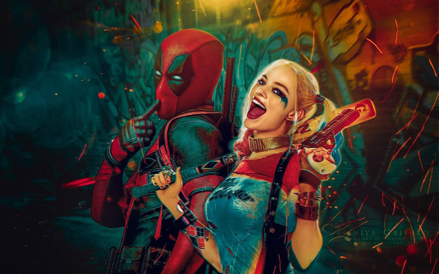 4K Harley Quinn cu Deadpool Fundal