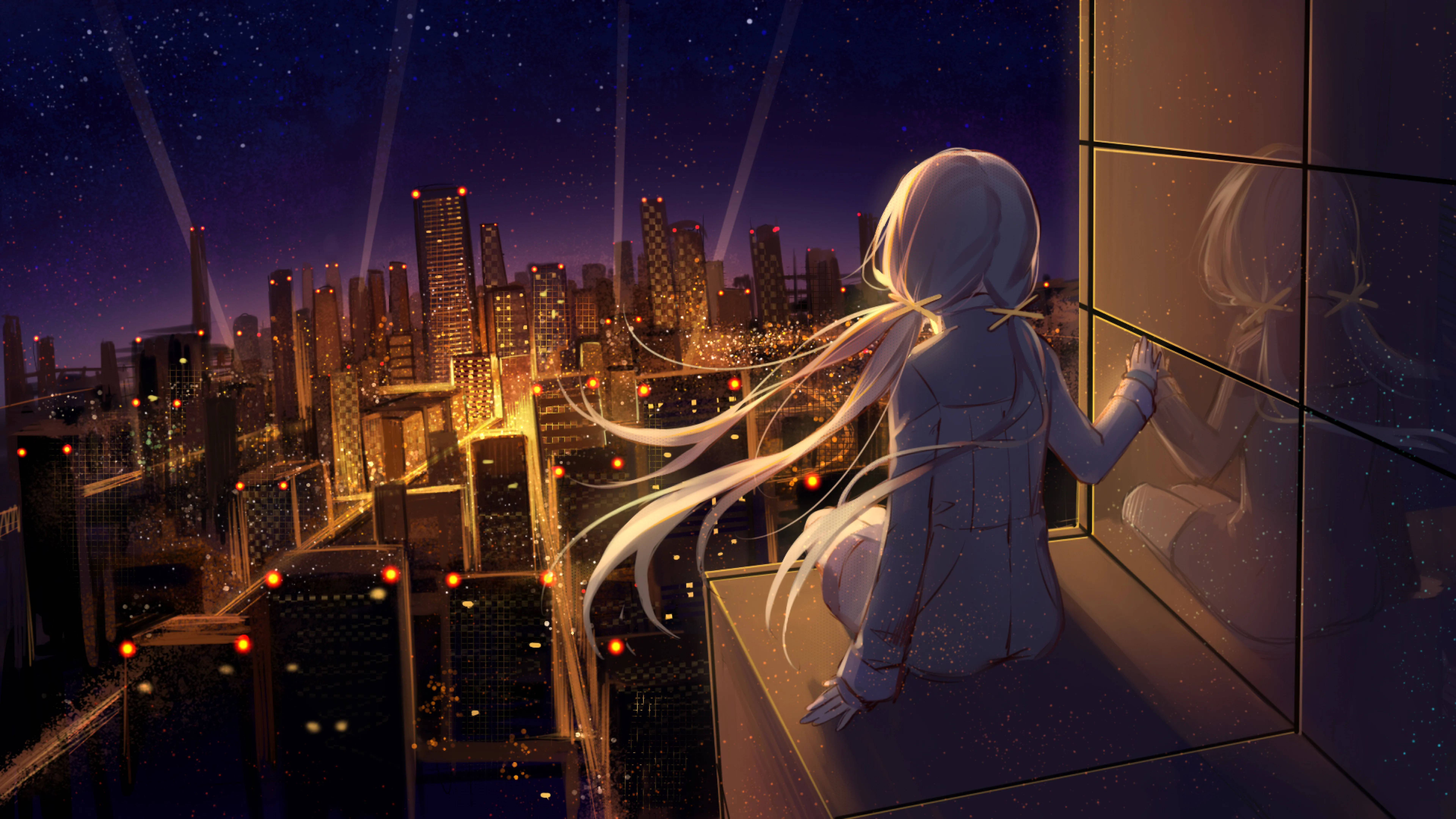 8K Anime Girl Privind Orașul Fundal
