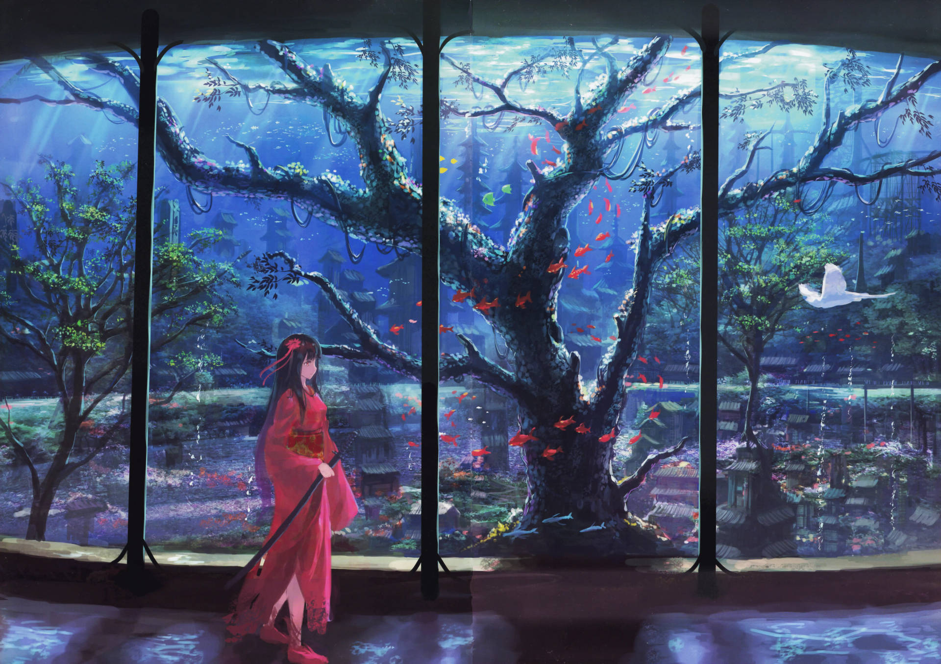 8K Anime Kimono și Acvariu Fundal