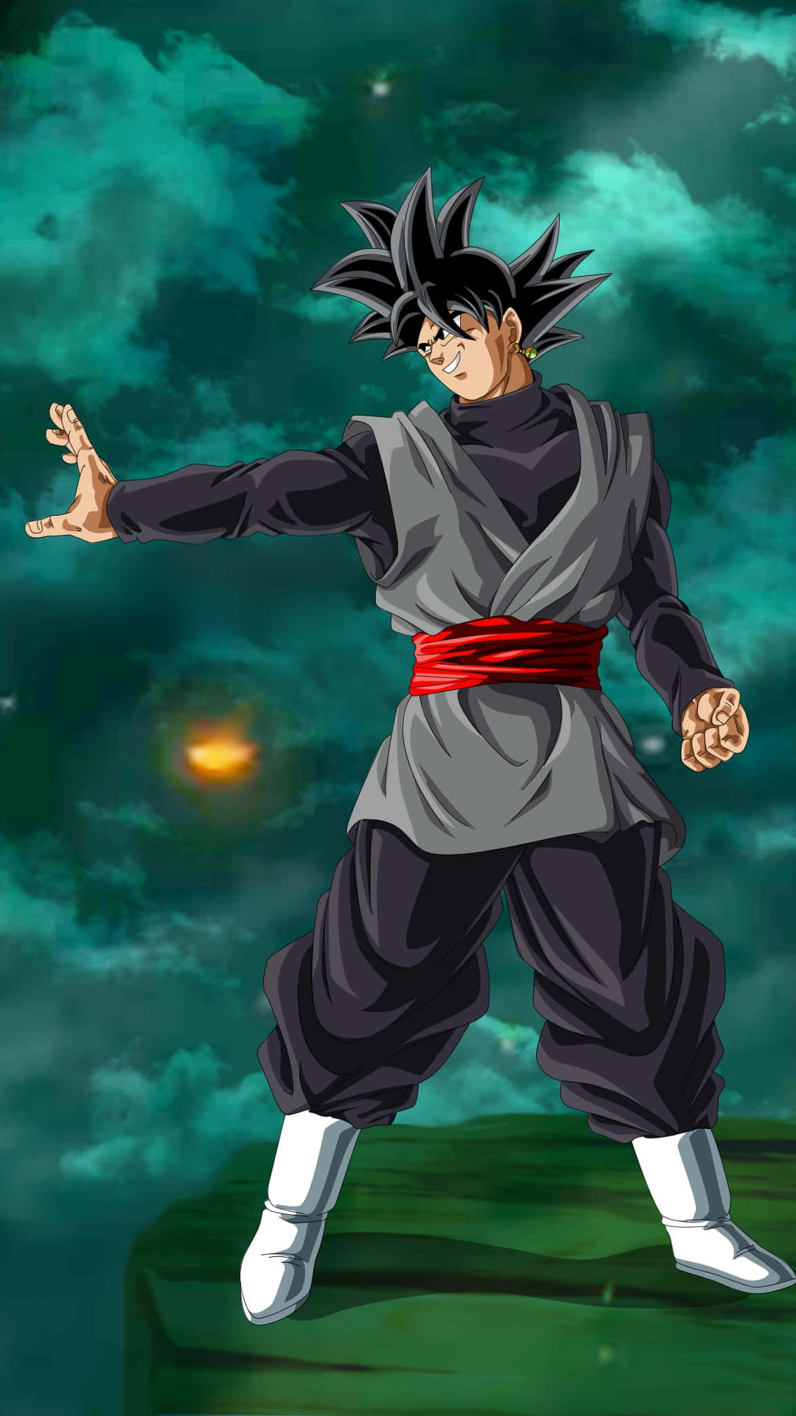 Adânc în gânduri și gata de luptă, Goku Black privește înainte. Fundal