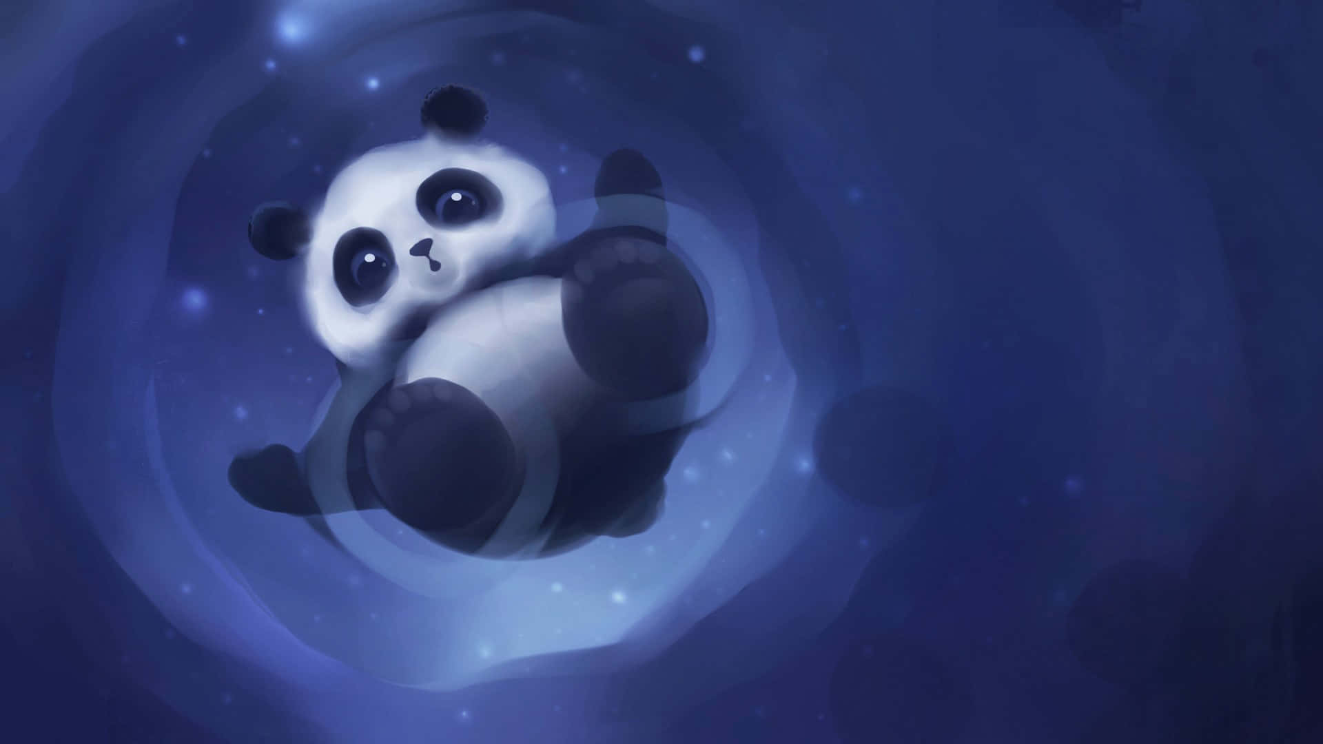 Adorabil Panda Desenat într-un Univers Vrăjit cu Spirale Albastre Fundal