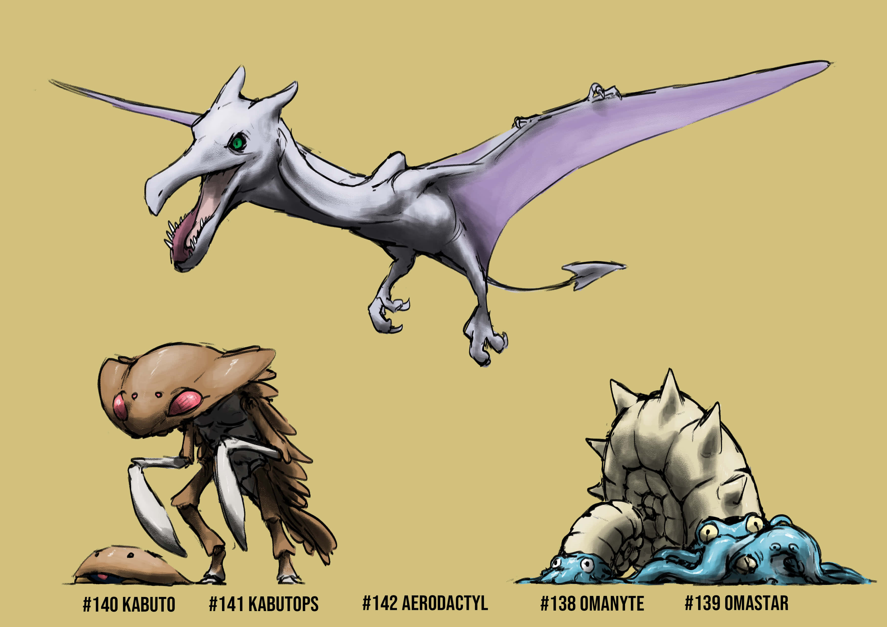 Aerodactyl, Kabutops și Omastar Fundal