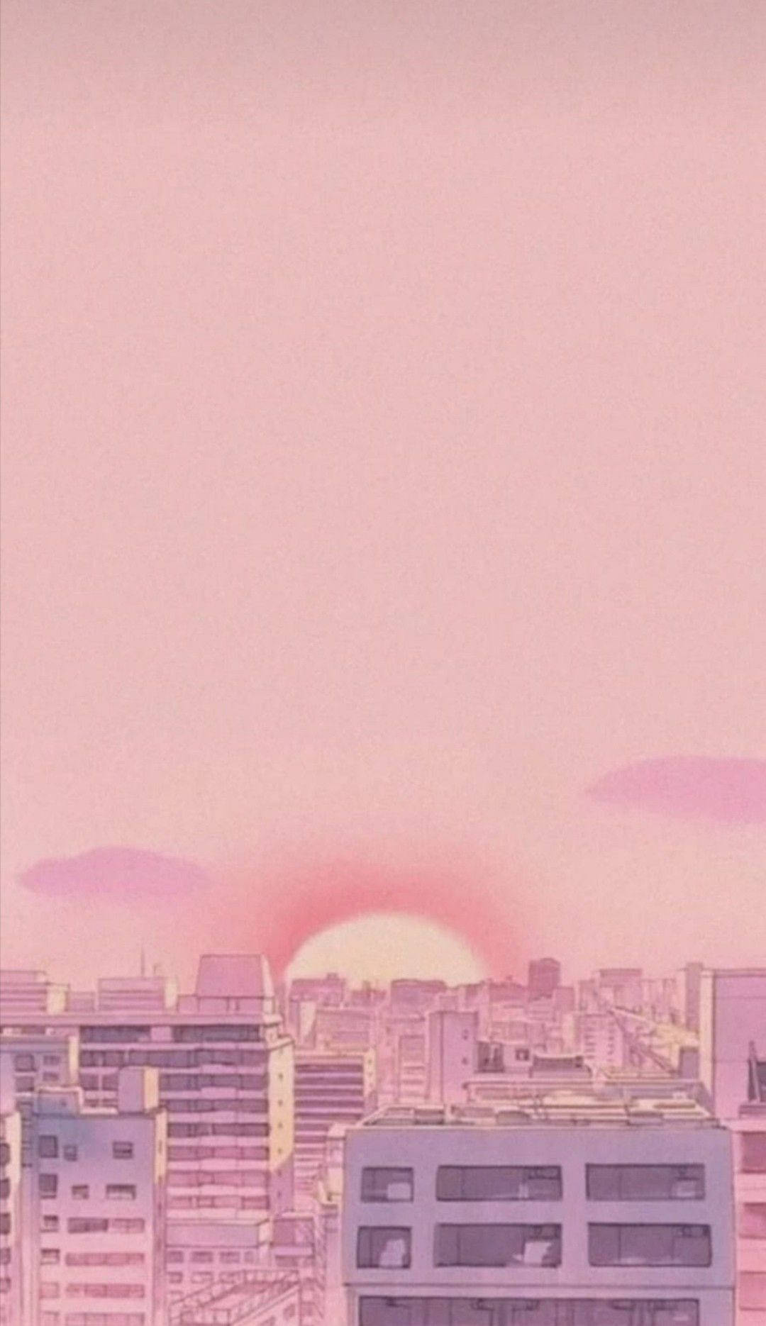 Aesthetic Apus Roz Anime cu Silueta Orașului Fundal