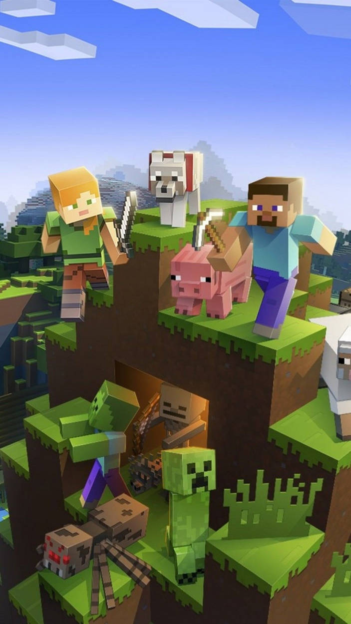 Alex și Steve cu moburi animale Minecraft iPhone Fundal
