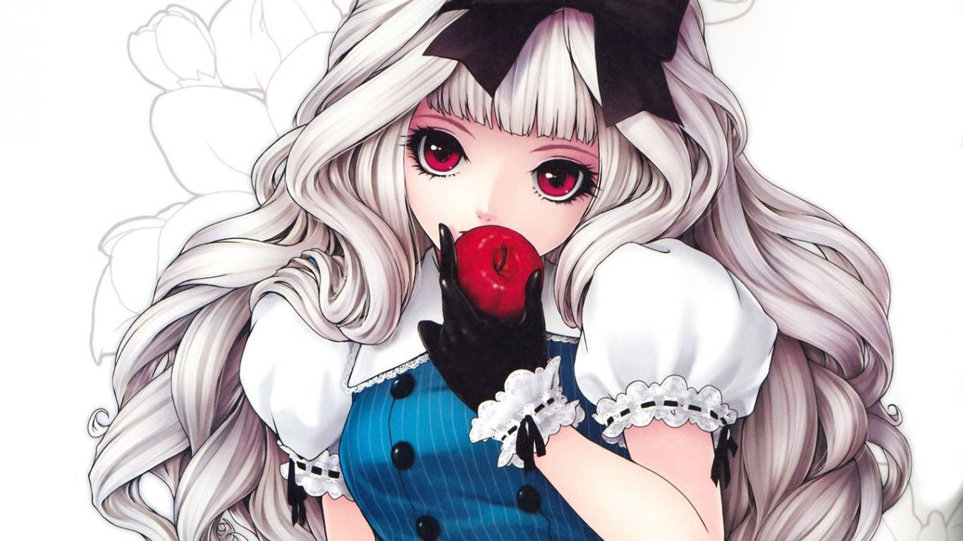Alice Kawaii Anime din Alice în Țara Minunilor ținând un măr Fundal