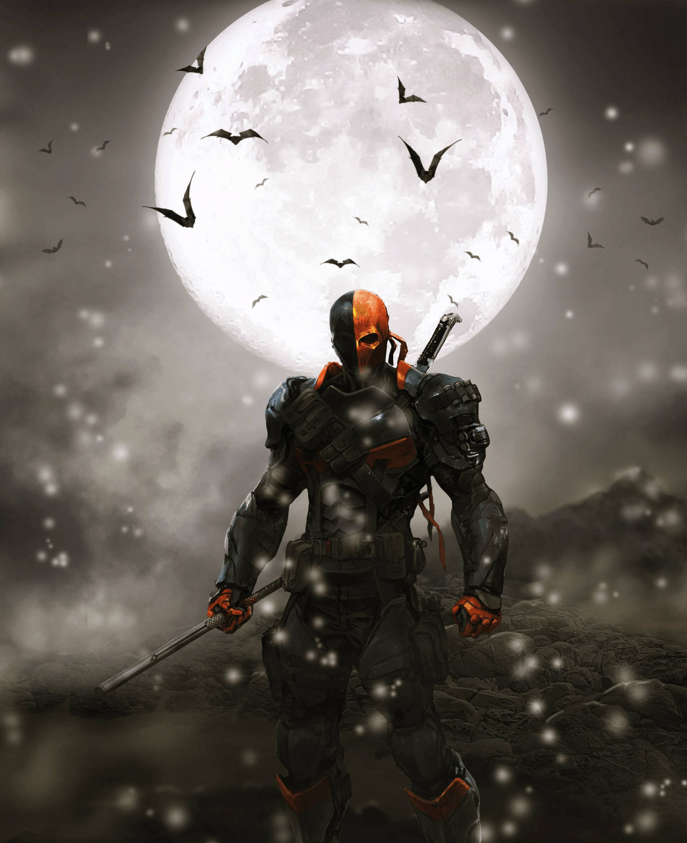 Amenințătorul Deathstroke țintește în mijlocul unui câmp de luptă cosmic. Fundal