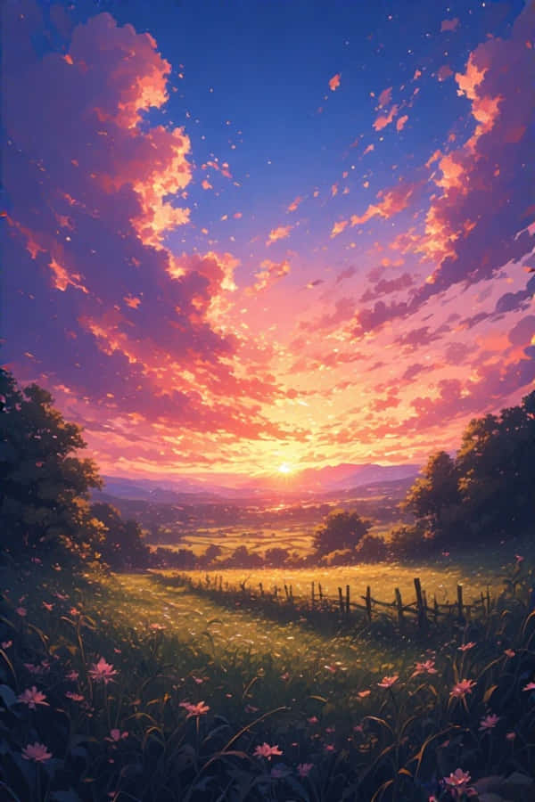 Anime Apus de Soare Peisaj Rural Visător Vibrant 4K Fundal