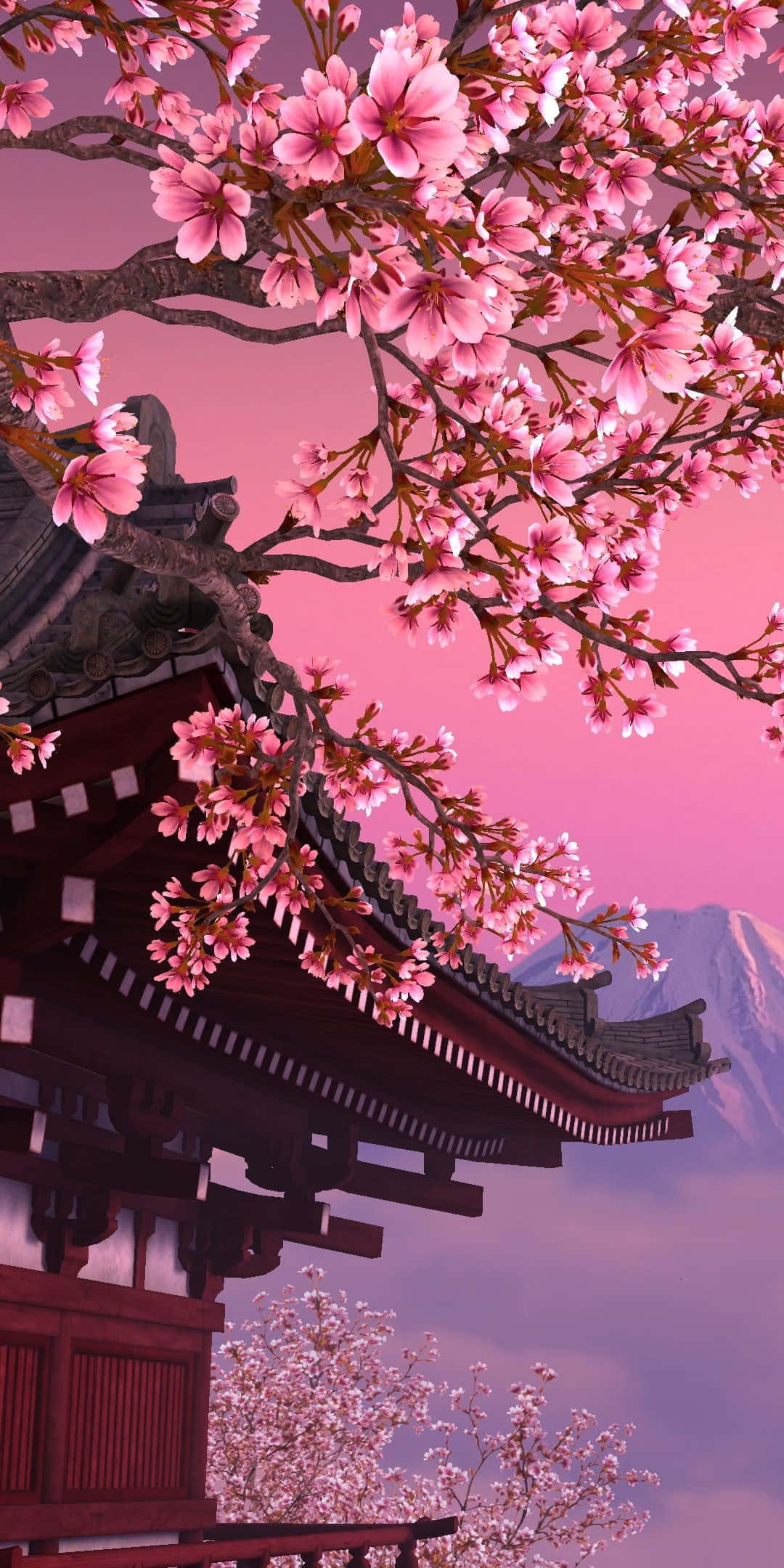 Anime Cireș înflorit Templu Japonez Fundal