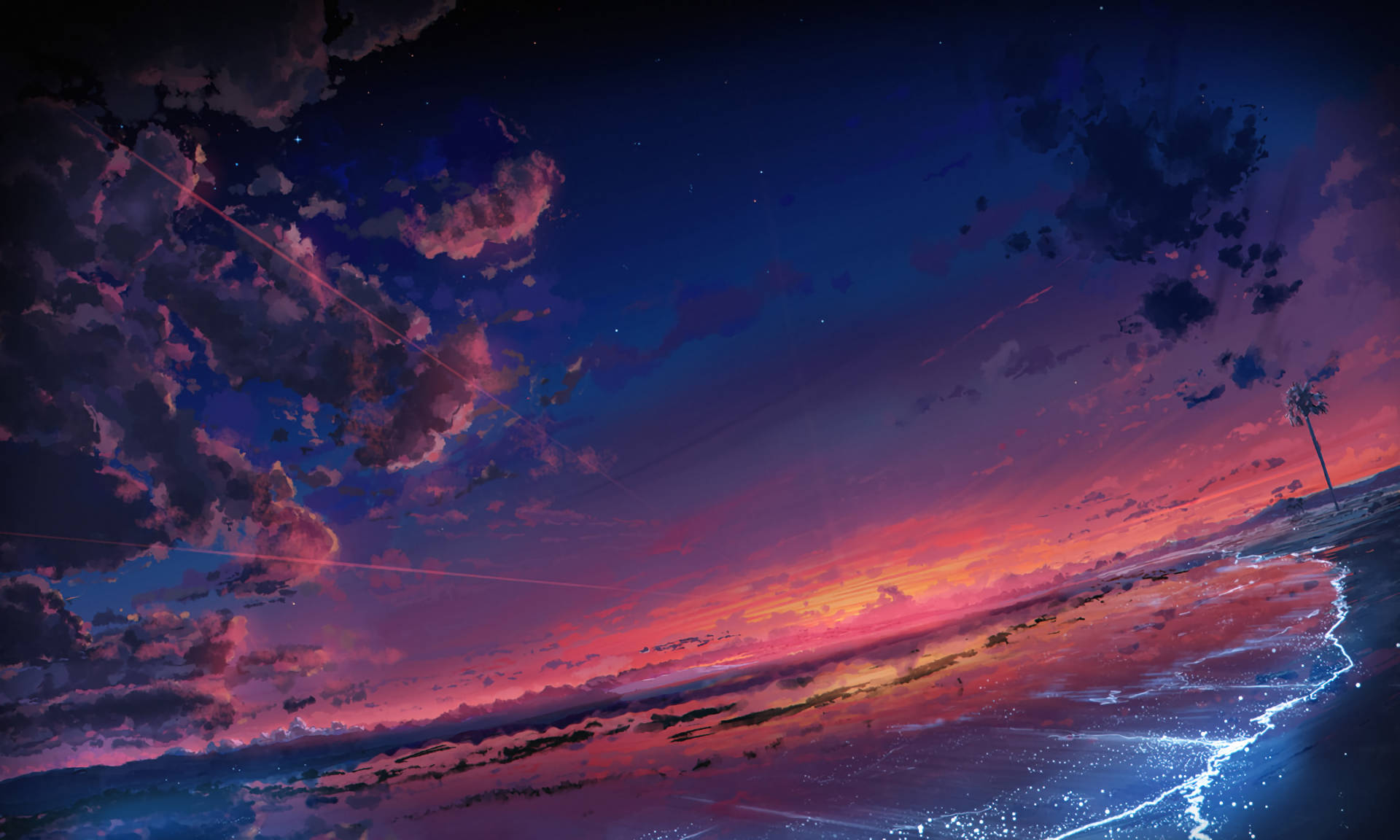 Anime estetic plajă apus pictură digitală Fundal