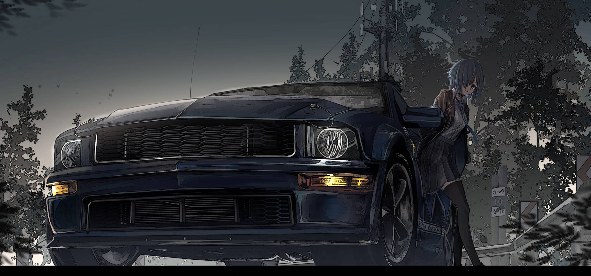 Anime Fată Aplecată pe o Mașină Mustang Fundal