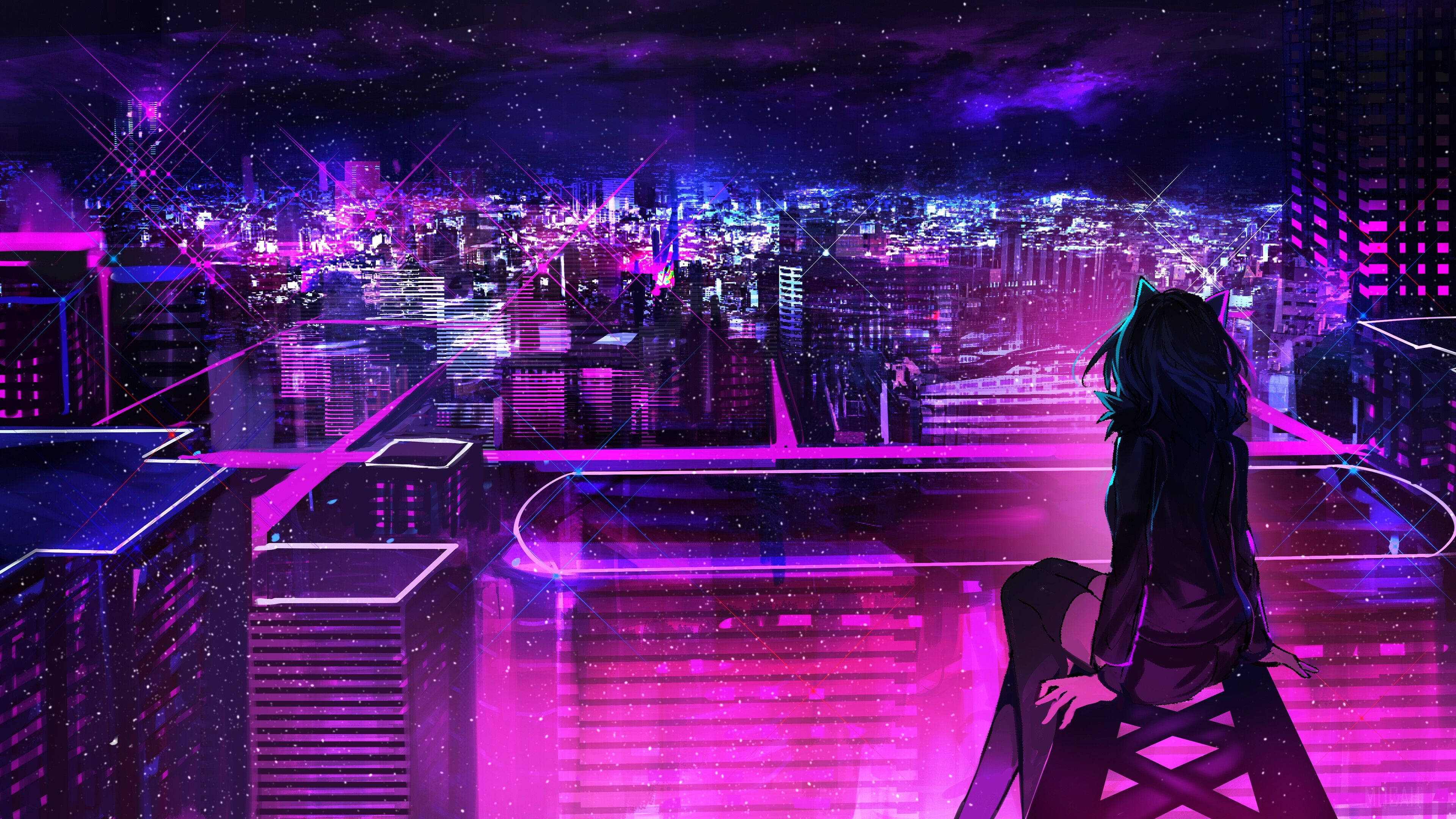 Anime Fata Neon Oraș Mov Fundal