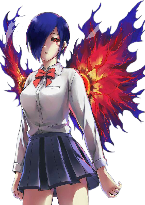 Anime Girl cu Păr Albastru și Aripi de Foc Fundal