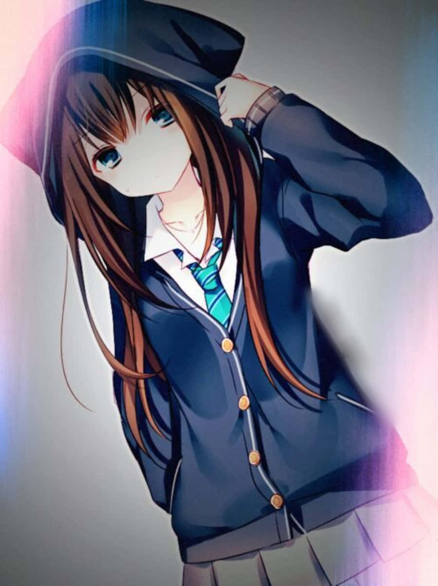 Anime Girl Originală în Hanorac Roz Fundal