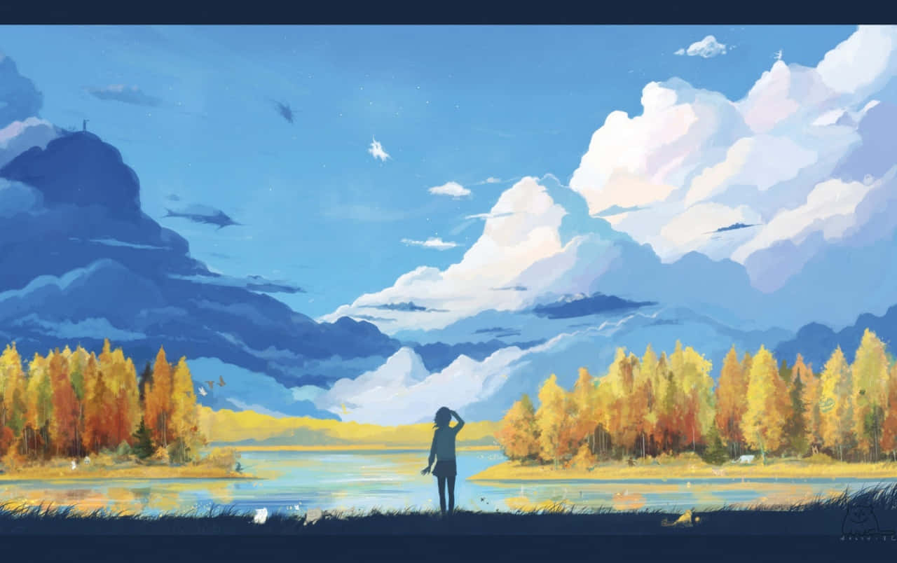 Anime Google cu fața spre râu Fundal