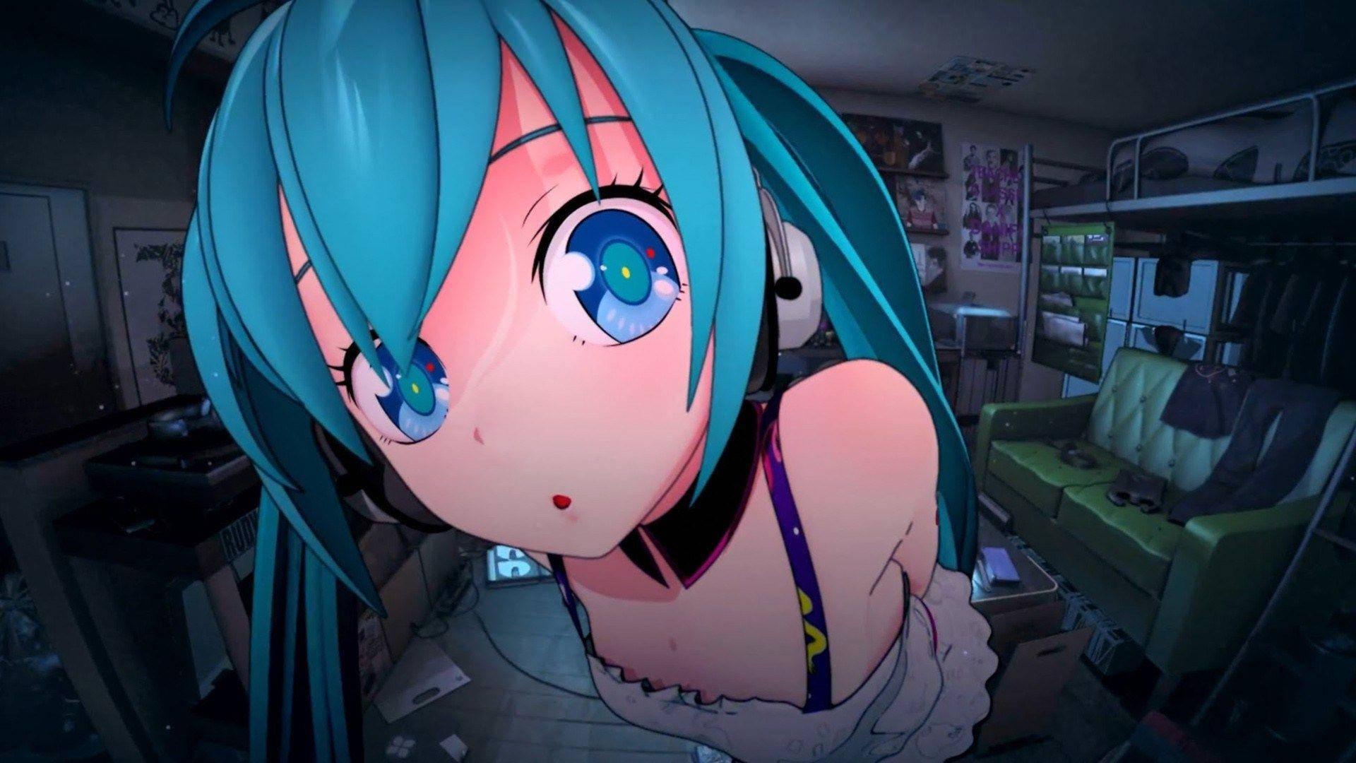 Anime Waifu Hatsune Miku privind spre cameră Fundal
