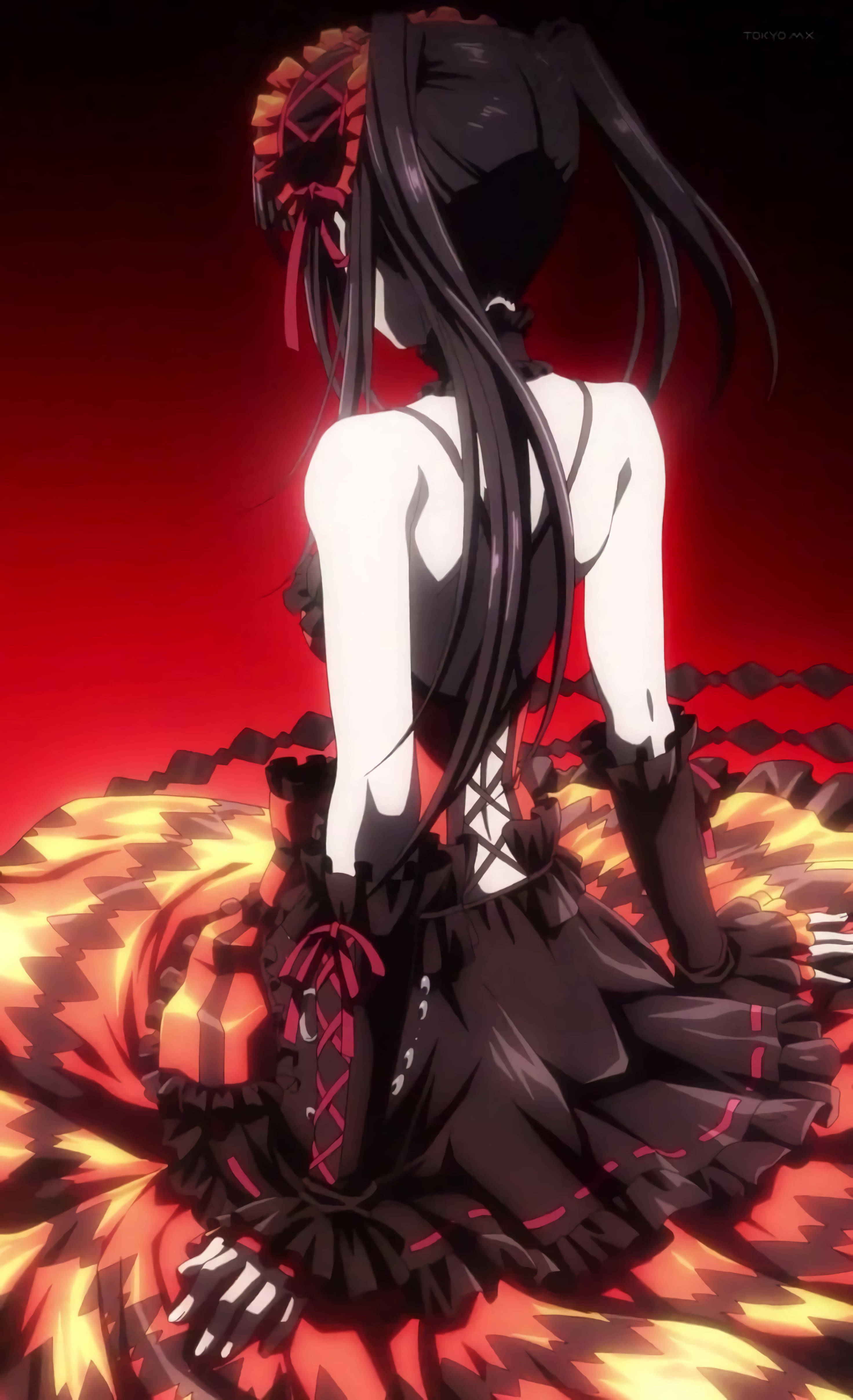 Anime Waifu Kurumi Tokisaki Rochie Estetică Roșie Fundal