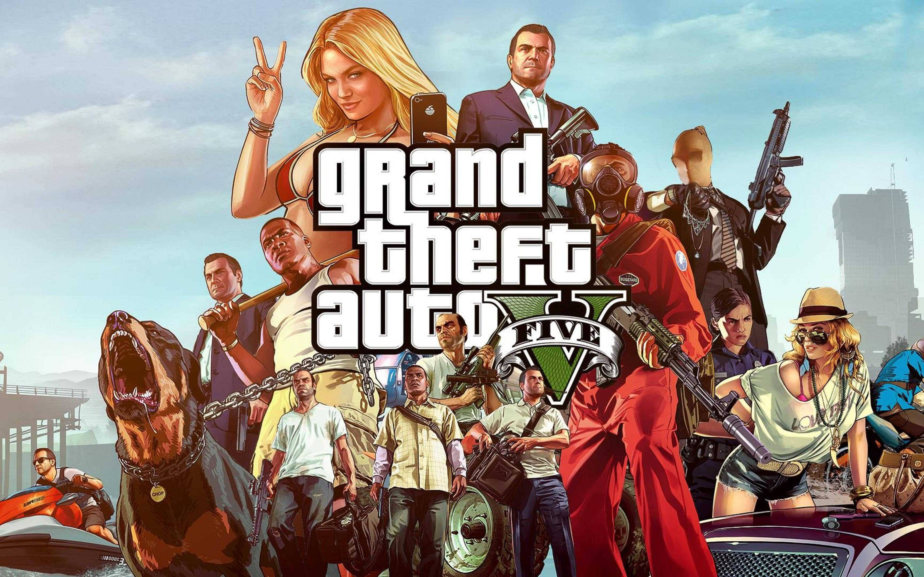 Ansamblul distribuției GTA 5 în 4K Fundal