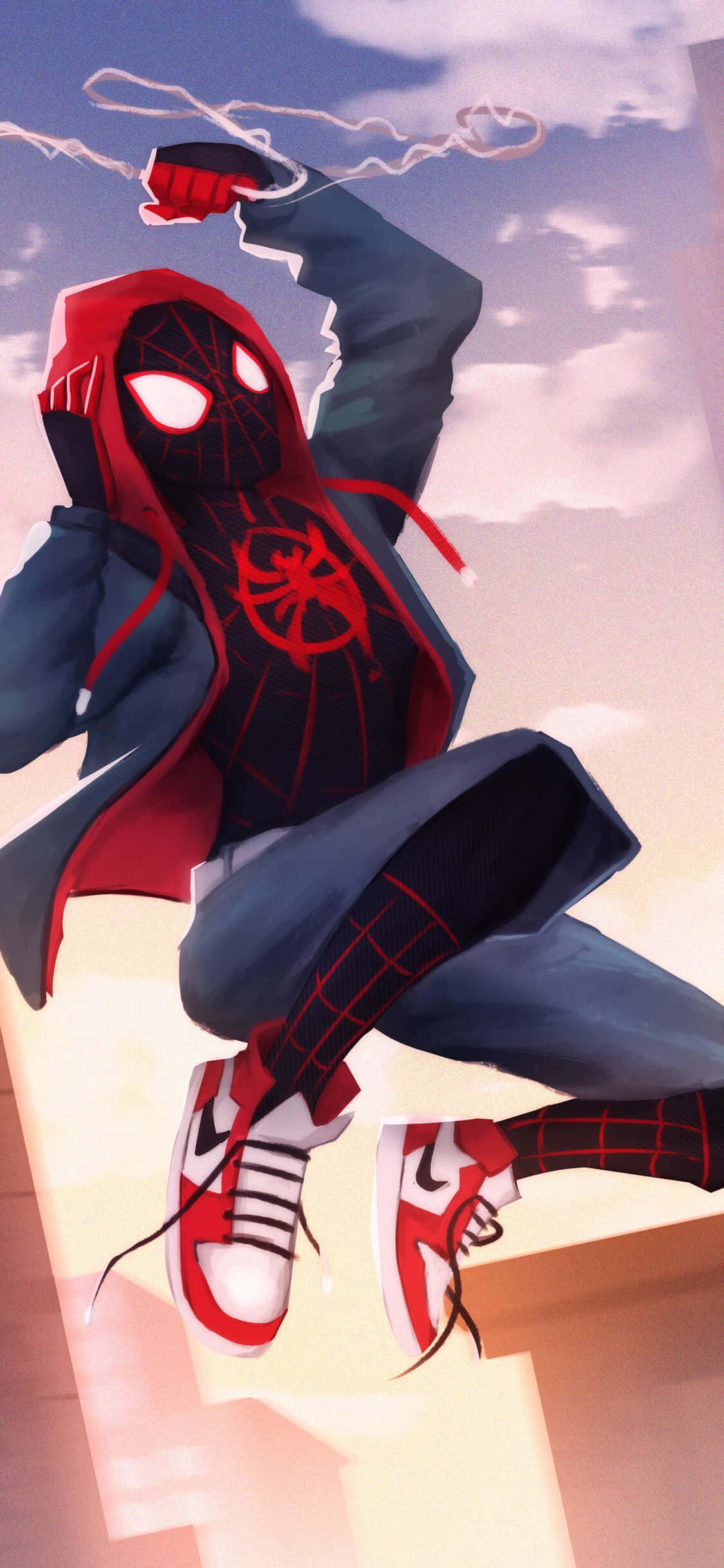 Apus de Soare cu Personajul Fictional Marvel Miles Morales iPhone Fundal