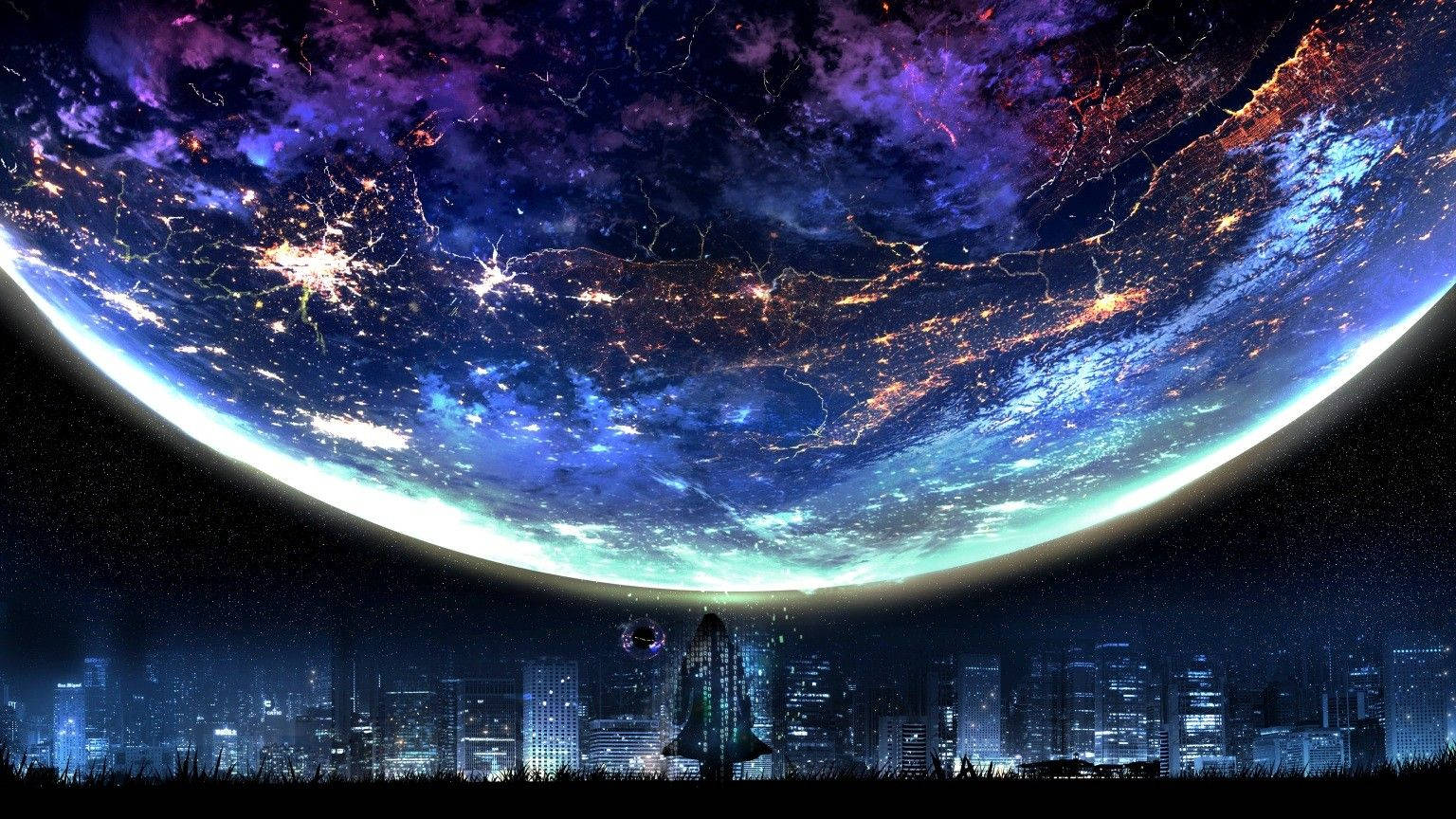 Artă cu Lună Galactică Deasupra Orașului Fundal