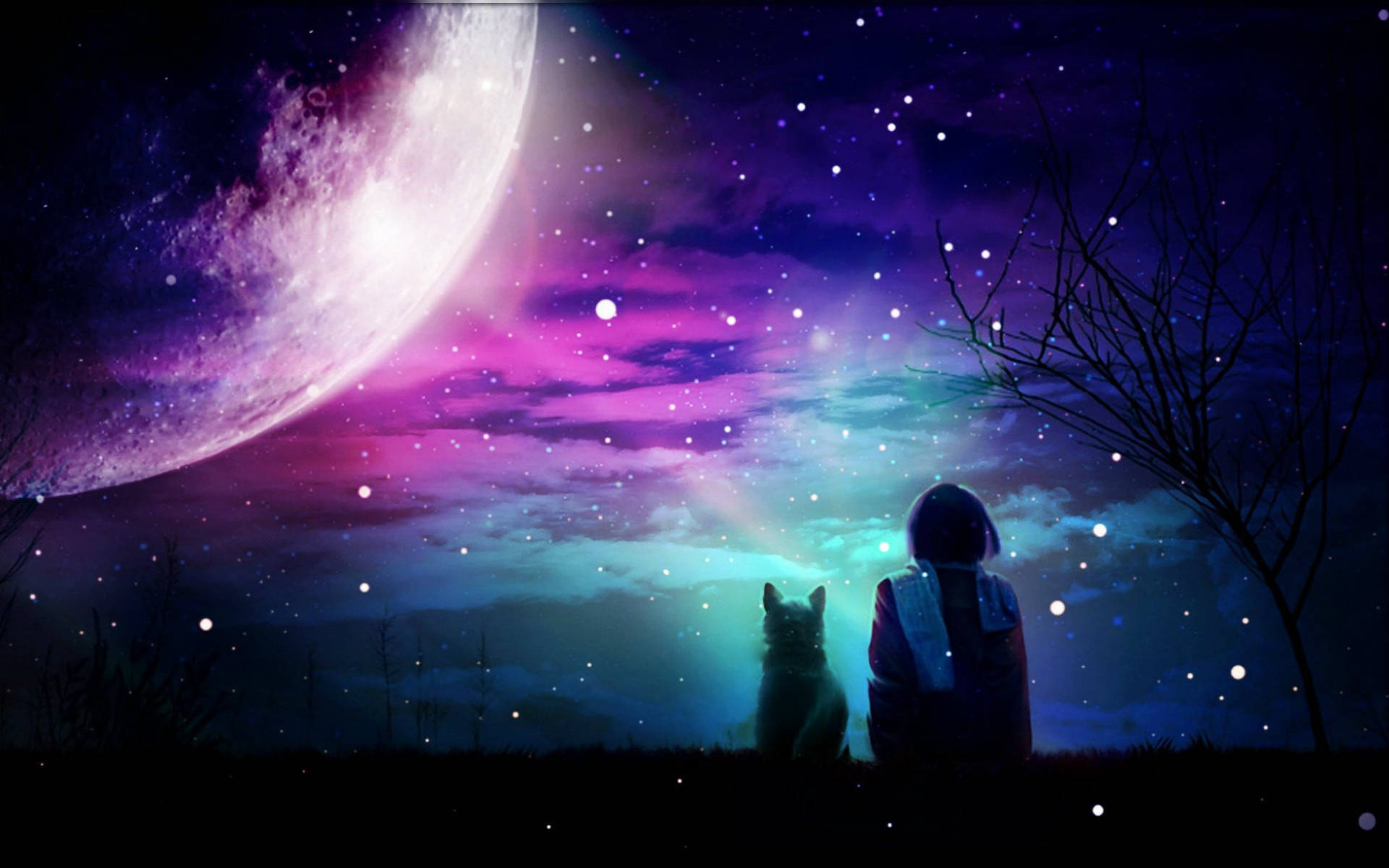 Artă digitală cu Lună mov și galaxie Fundal