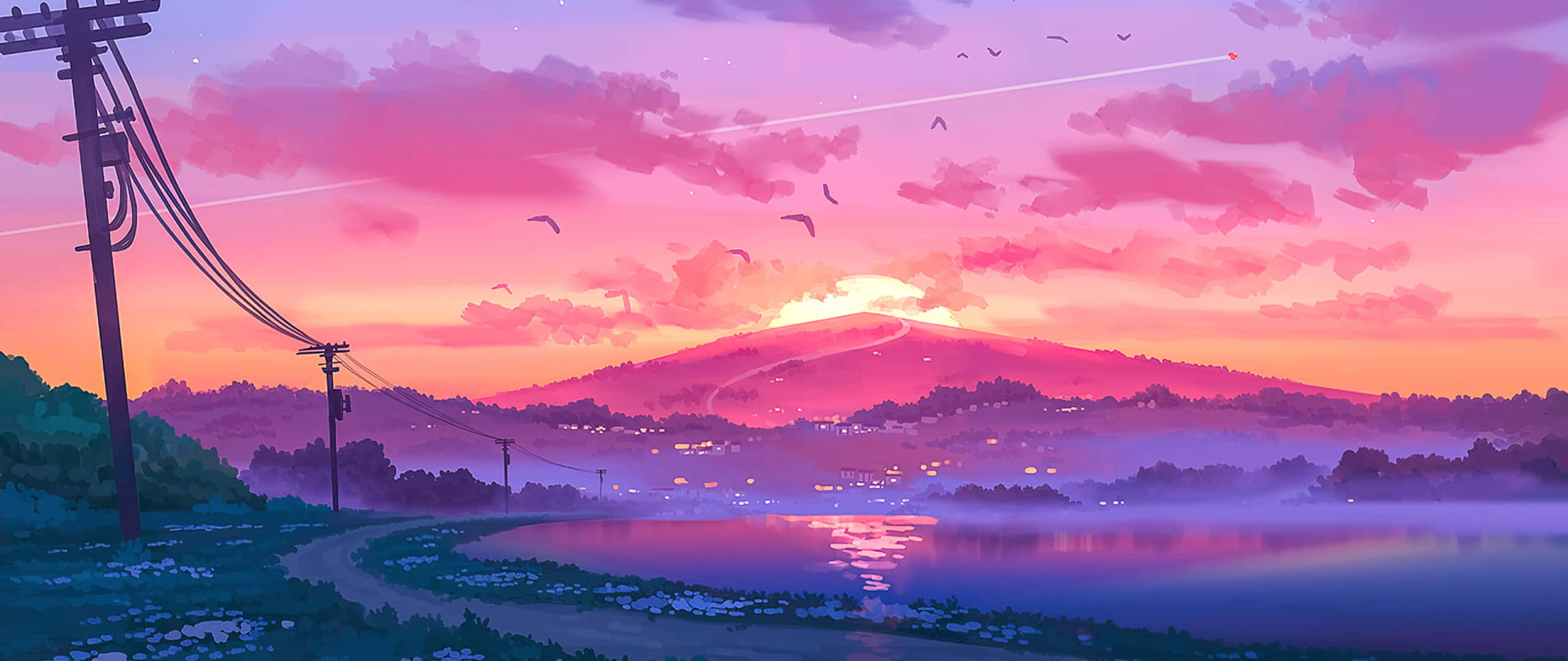 Artă estetică anime cu apus de soare 2560x1080 Fundal