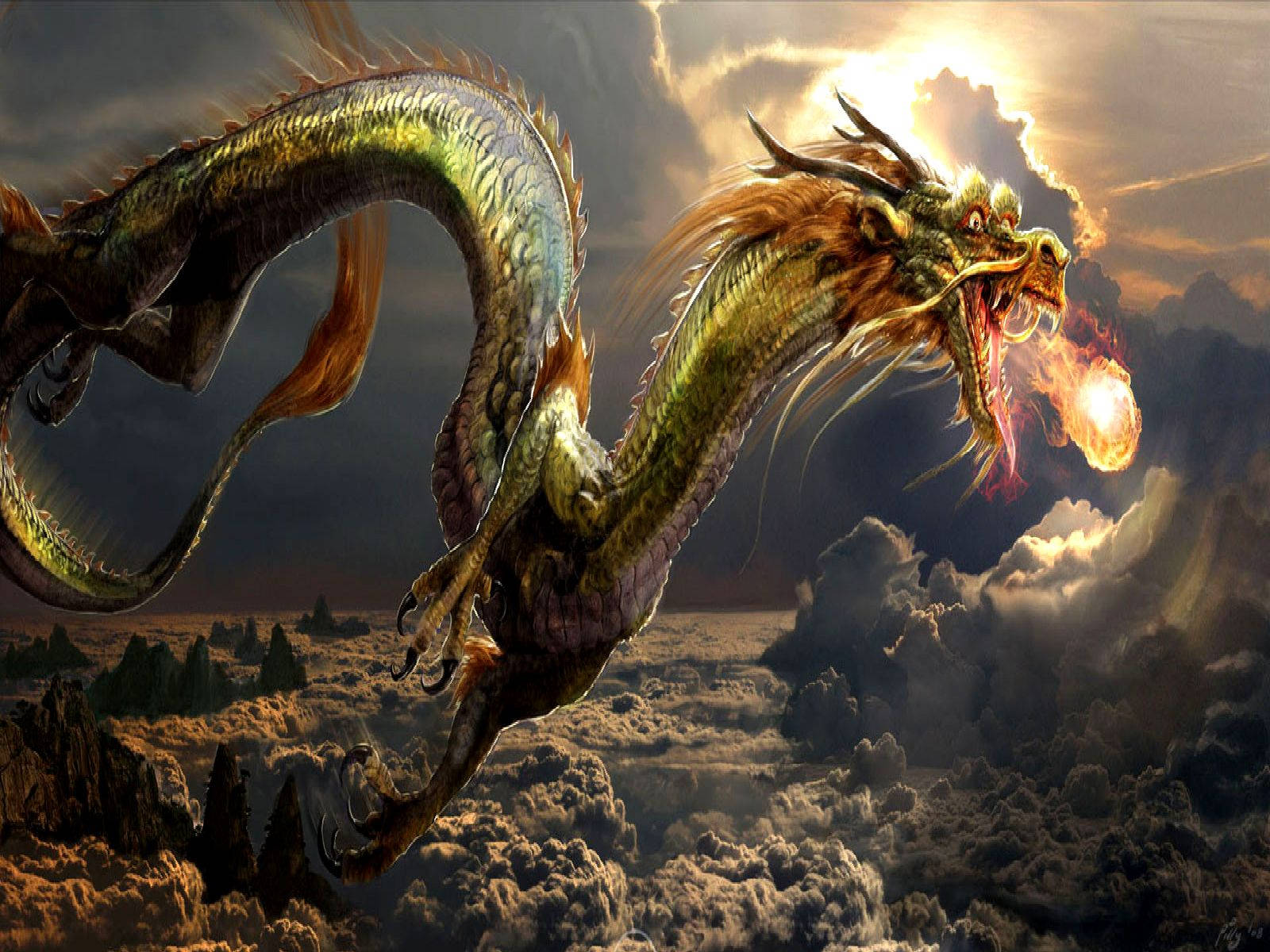 Artă japoneză cu dragon care scuipă o minge de foc Fundal