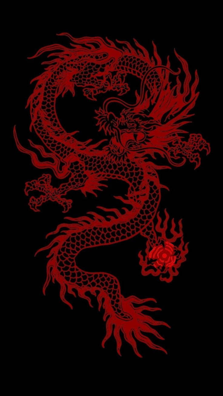 Artă japoneză cu dragon, contur neon roșu Fundal
