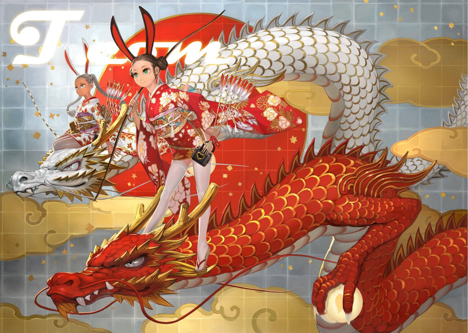 Artă japoneză cu dragon cu solzi aurii Fundal