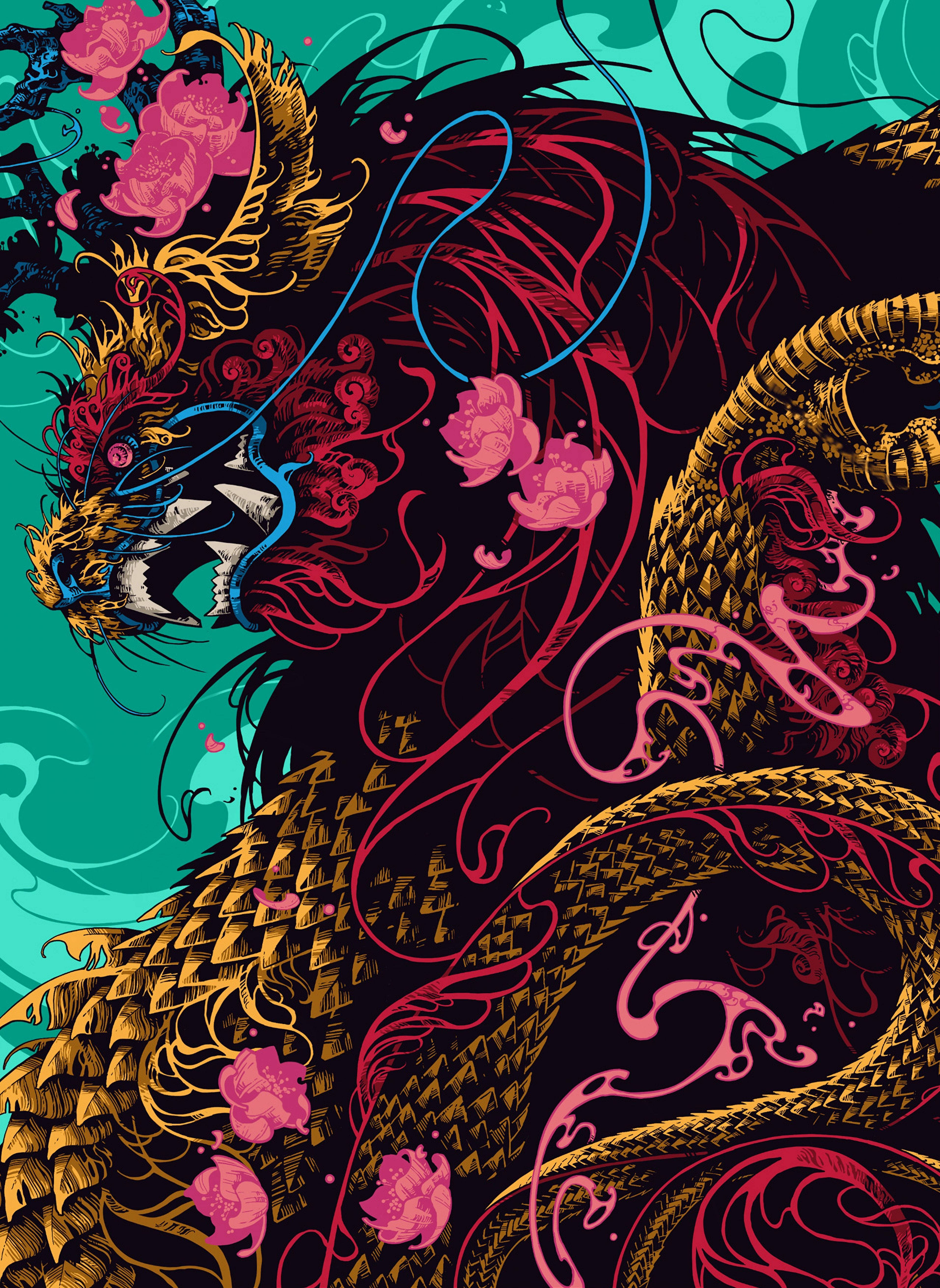Artă japoneză cu dragon și lotus roz Fundal