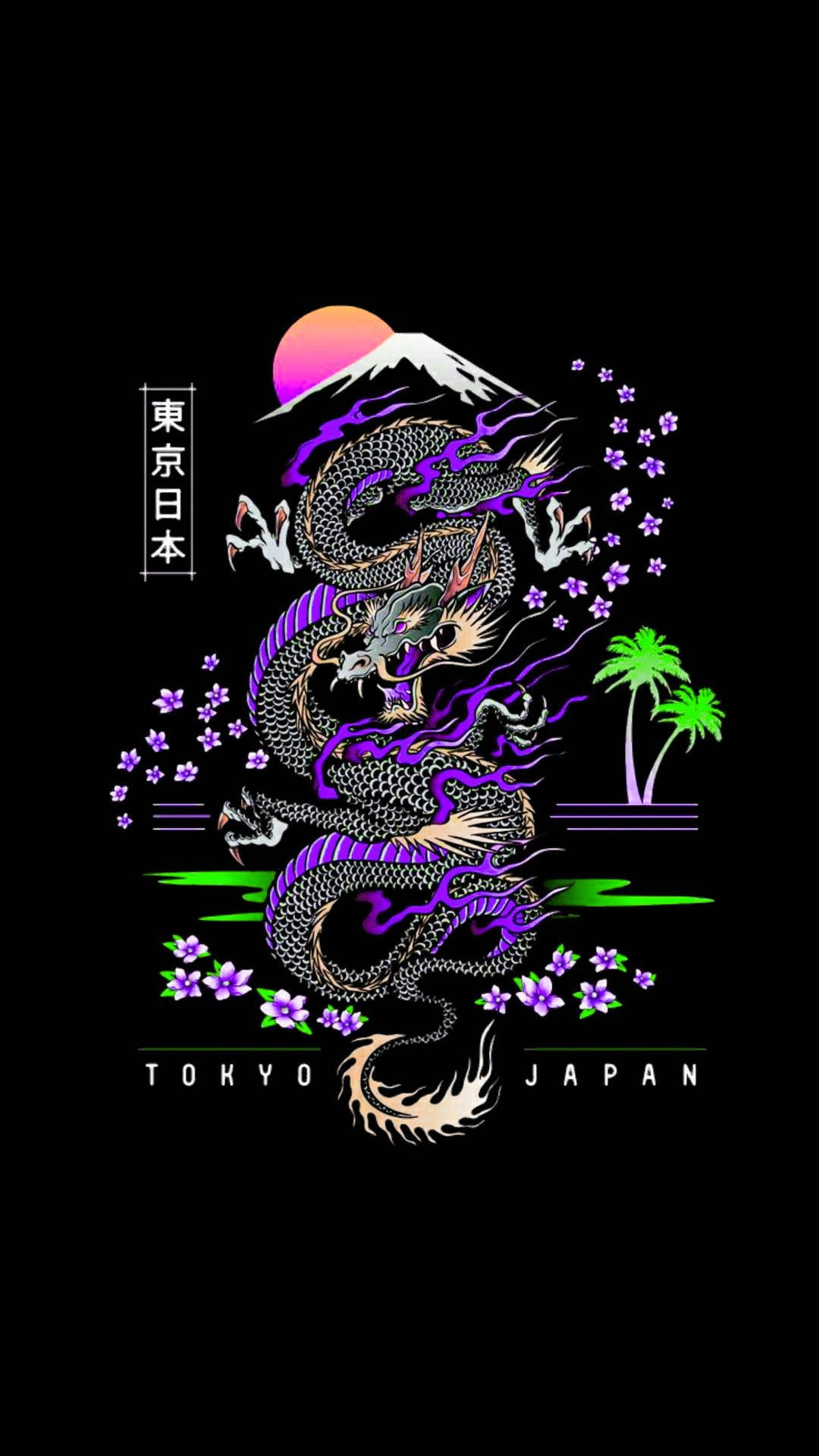 Artă japoneză cu dragon și Muntele Fuji Fundal