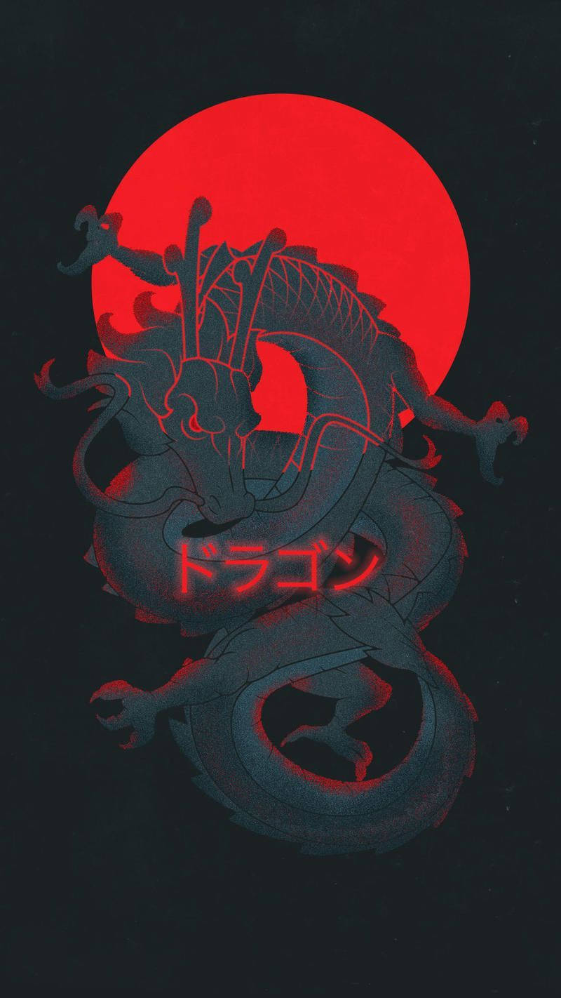 Artă japoneză cu dragon și soare roșu Fundal