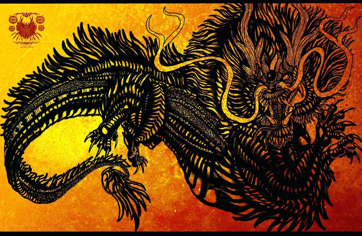 Artă japoneză cu dragon și solzi negri Fundal