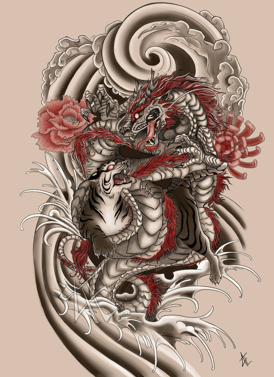 Artă japoneză cu dragon și tigru feroce Fundal