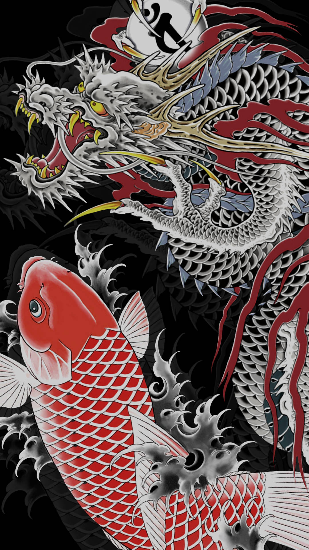 Artă japoneză cu dragon și crap japonez Fundal