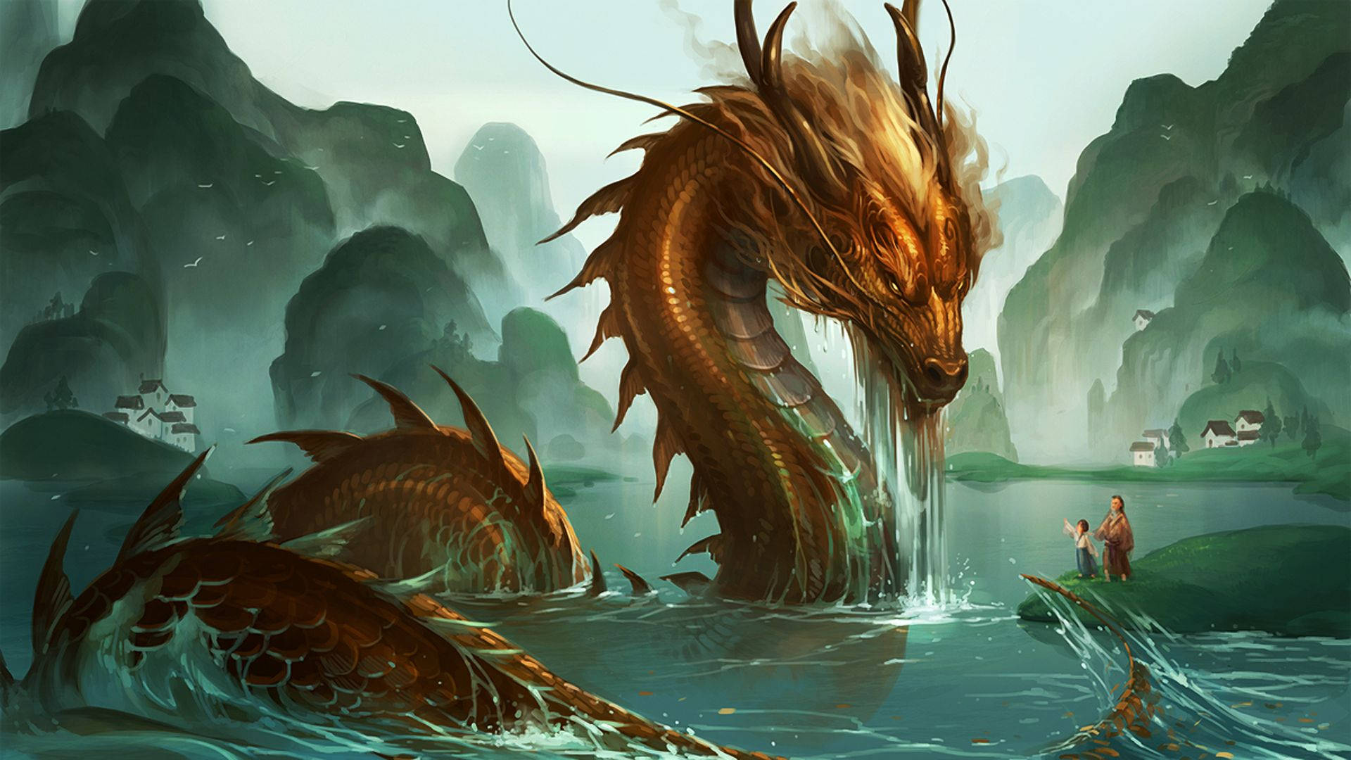 Artă japoneză cu dragon, dragon majestuos al râului Fundal