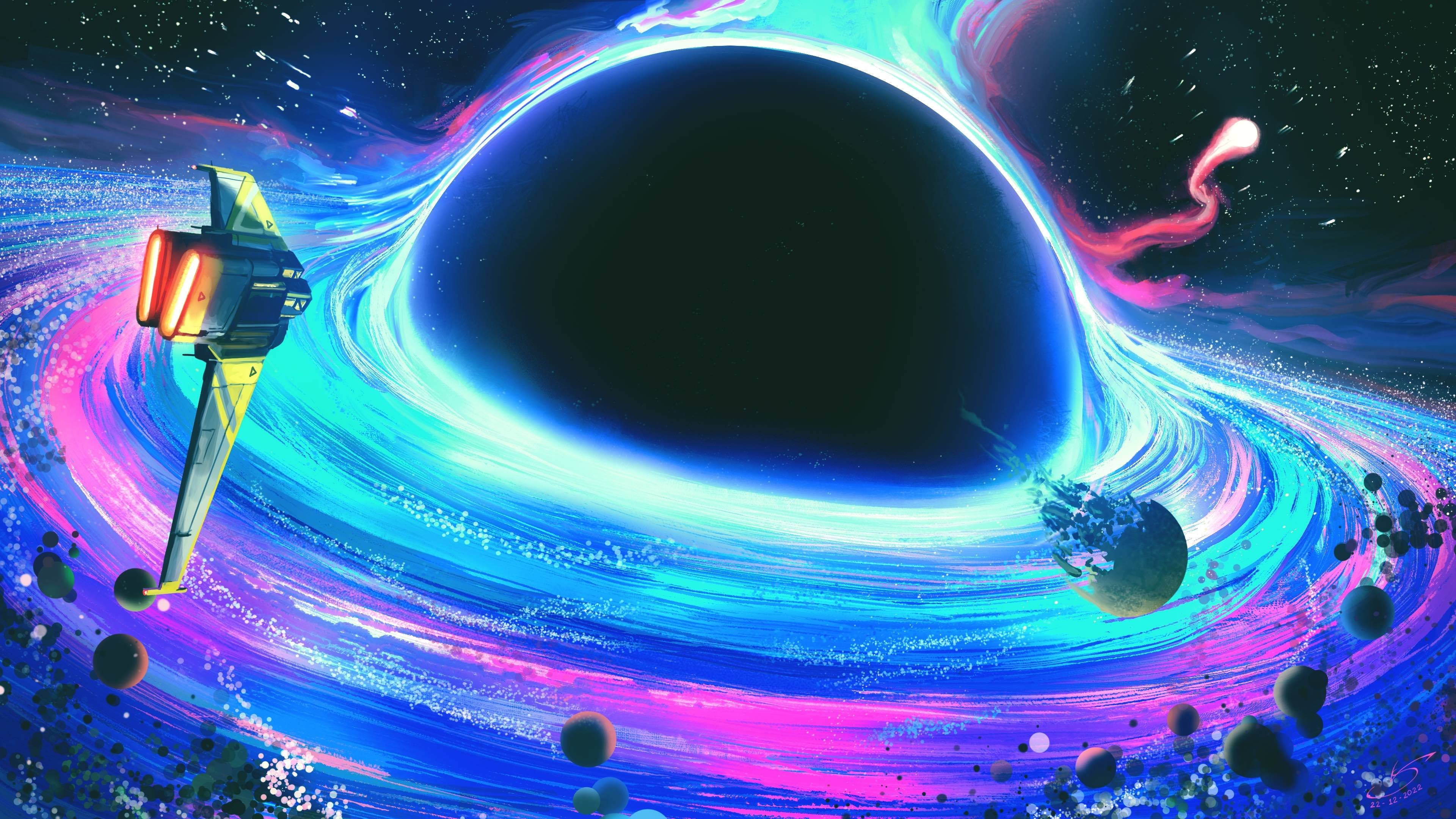 Artă navă spațială neon cu gaură neagră 4K Fundal