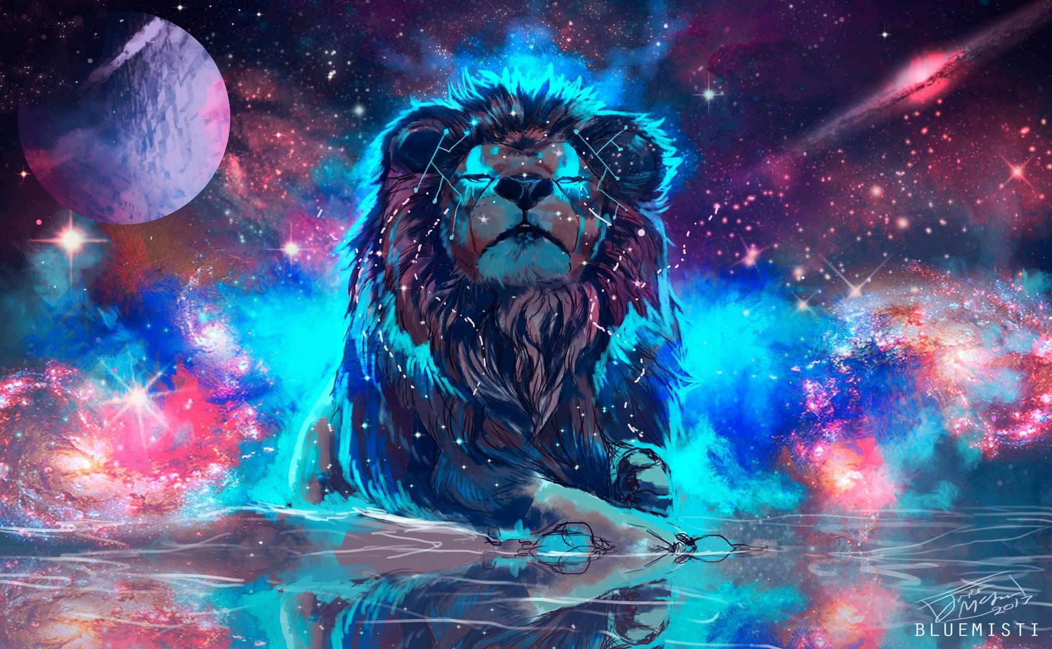 Artă neon cu leu relaxant în galaxie Fundal