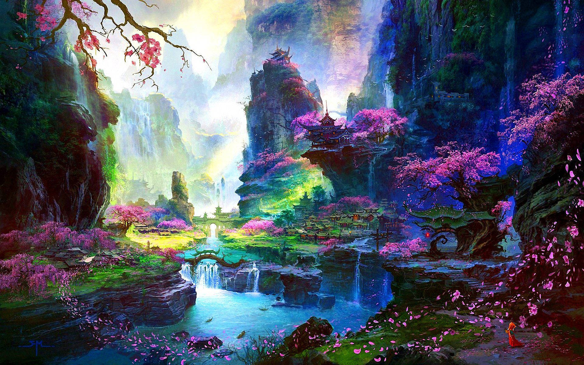 Artă pictată cu cireși înfloriți Fundal