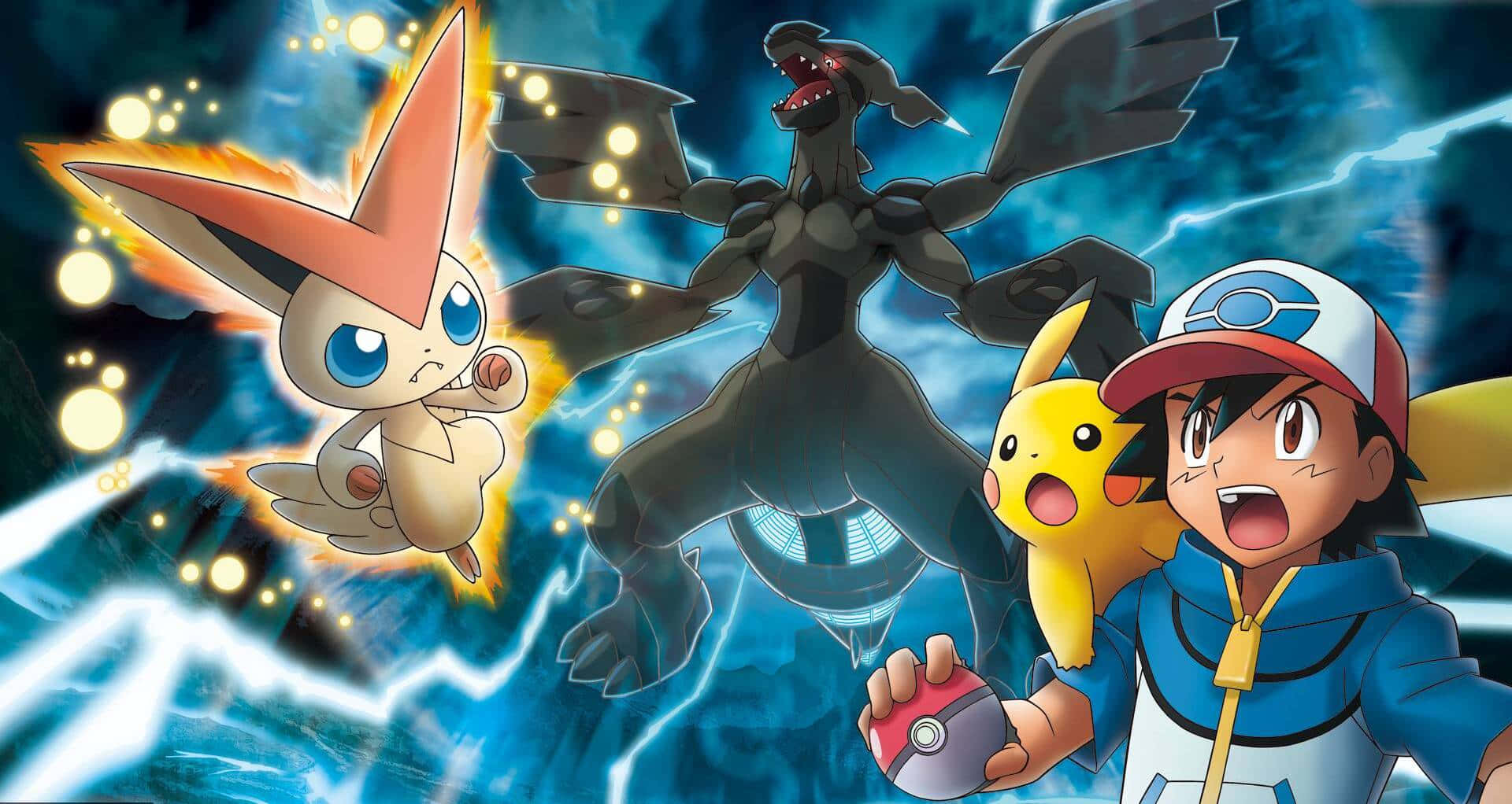 Ash Ketchum, Pikachu și Zekrom în Bătălie Pokemon Fundal