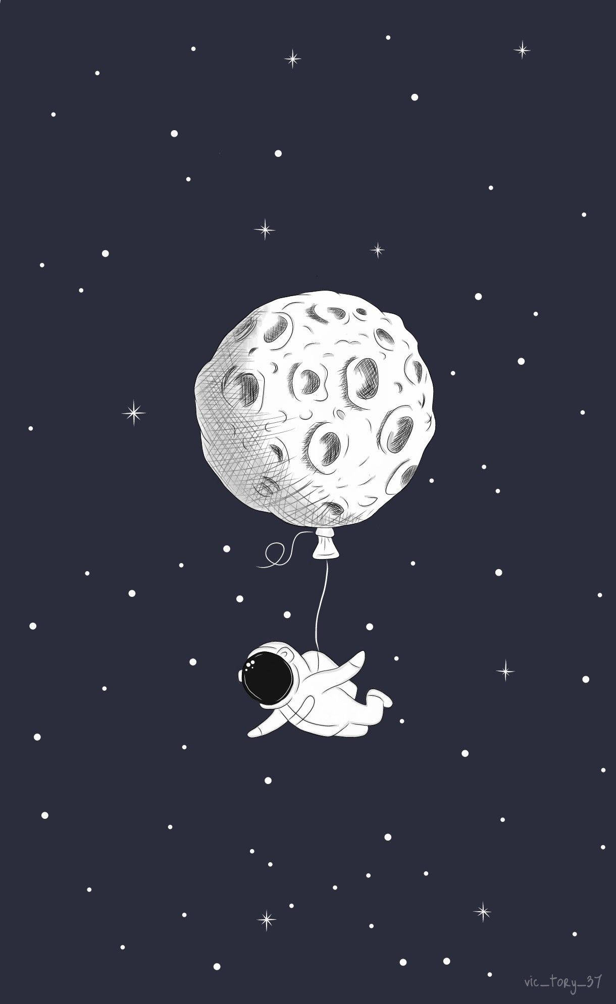 Astronaut desenat animat și un balon lună Fundal
