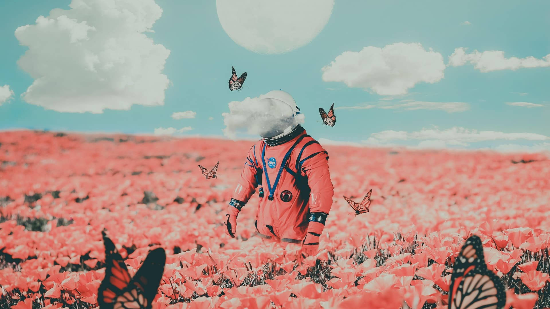 Astronaut estetic în câmp de flori pentru laptop Fundal