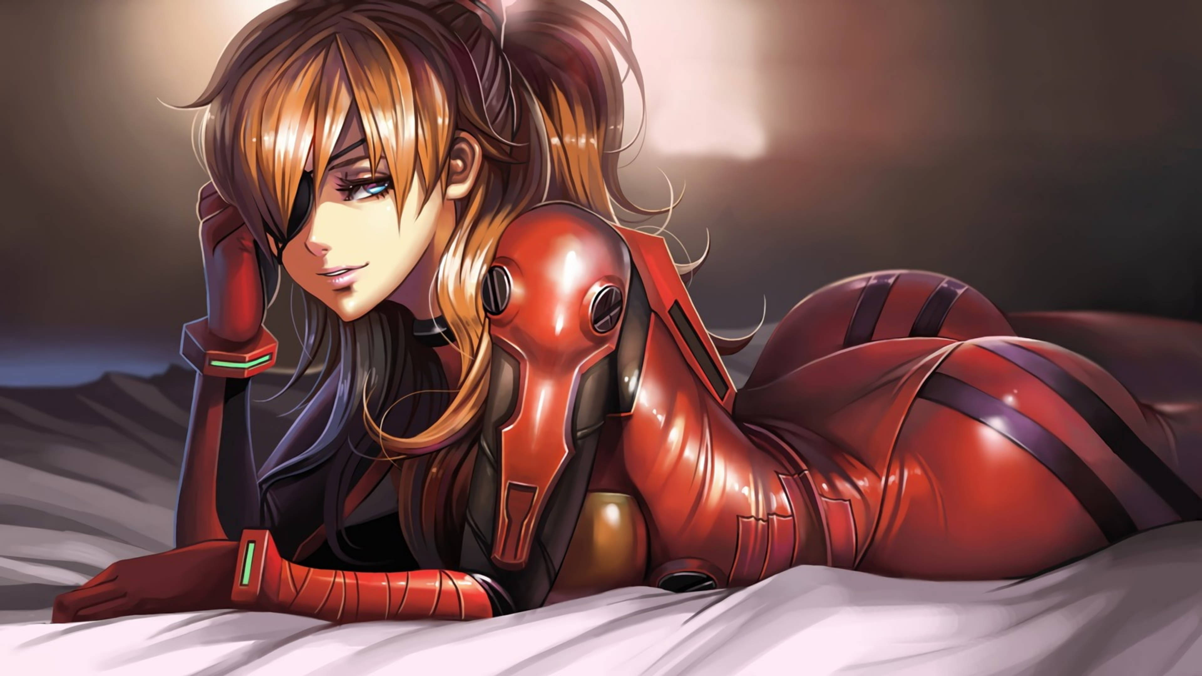 Asuka cu Petic pe Ochi din Evangelion 4K Fundal
